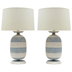 Pair of Painted Blue and White Striped Wood Lamps, Italy, Contemporary
