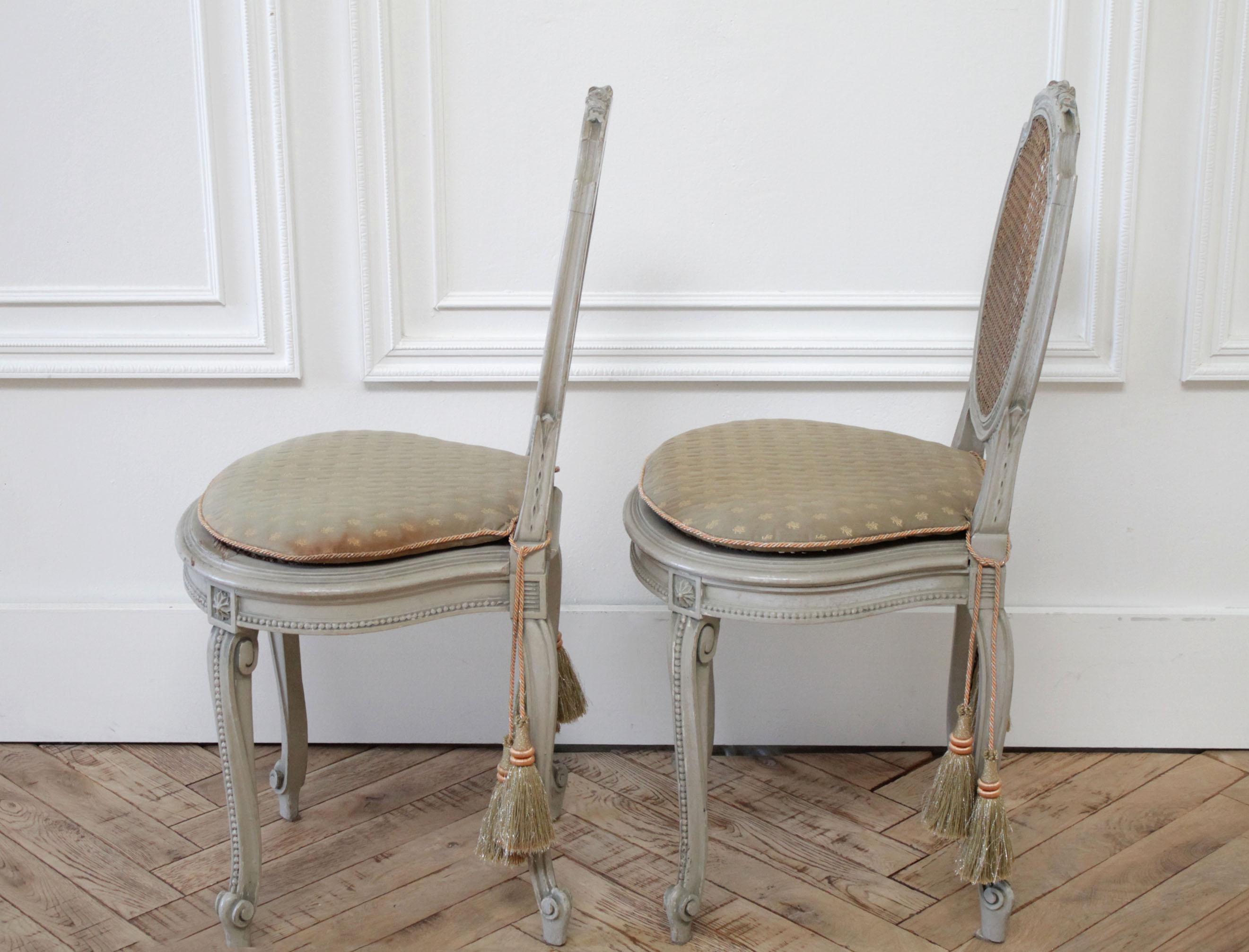 Pair of Painted Cane Back Ribbon Carved Vanity Chairs 4