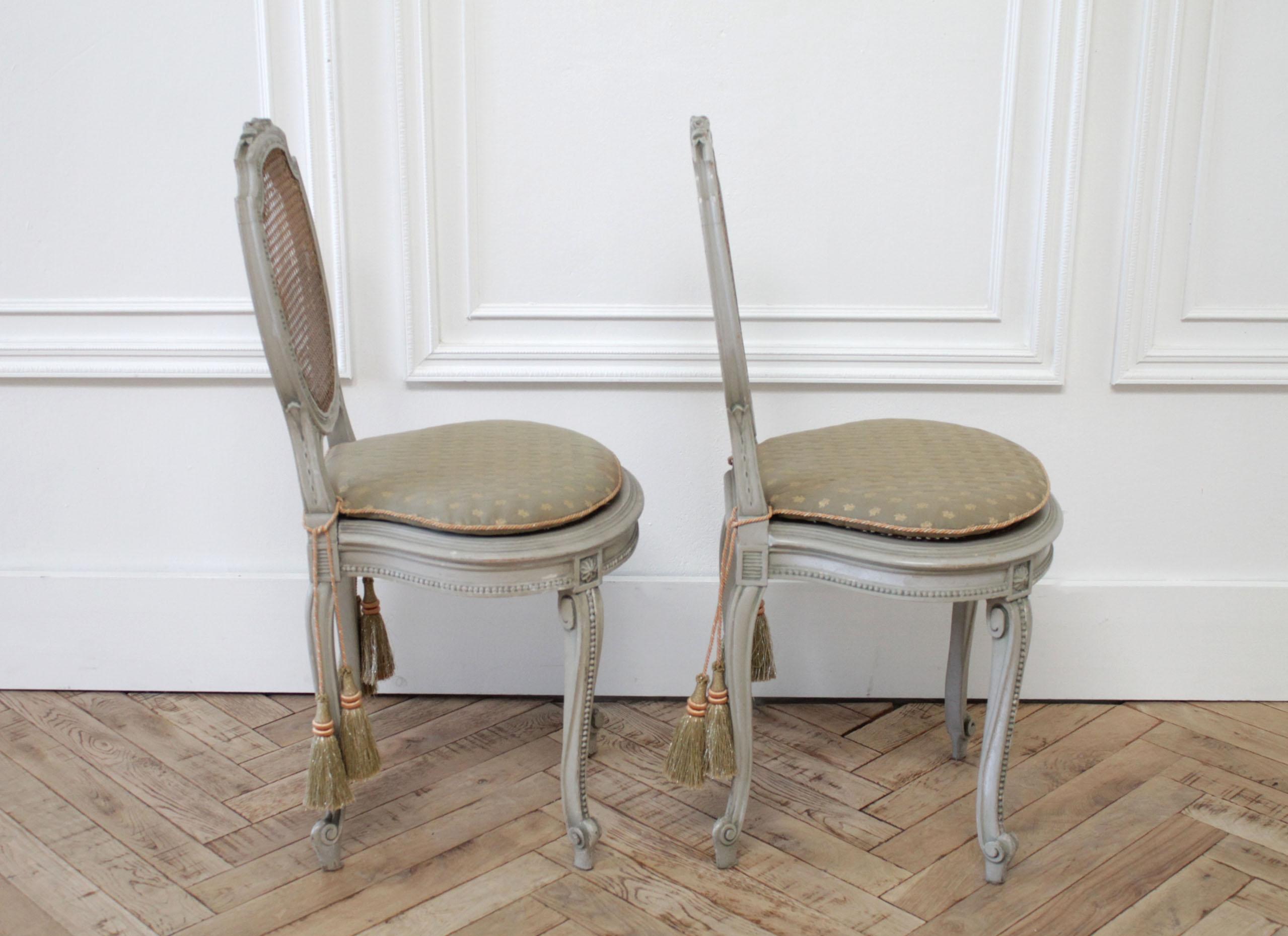 Pair of Painted Cane Back Ribbon Carved Vanity Chairs 2