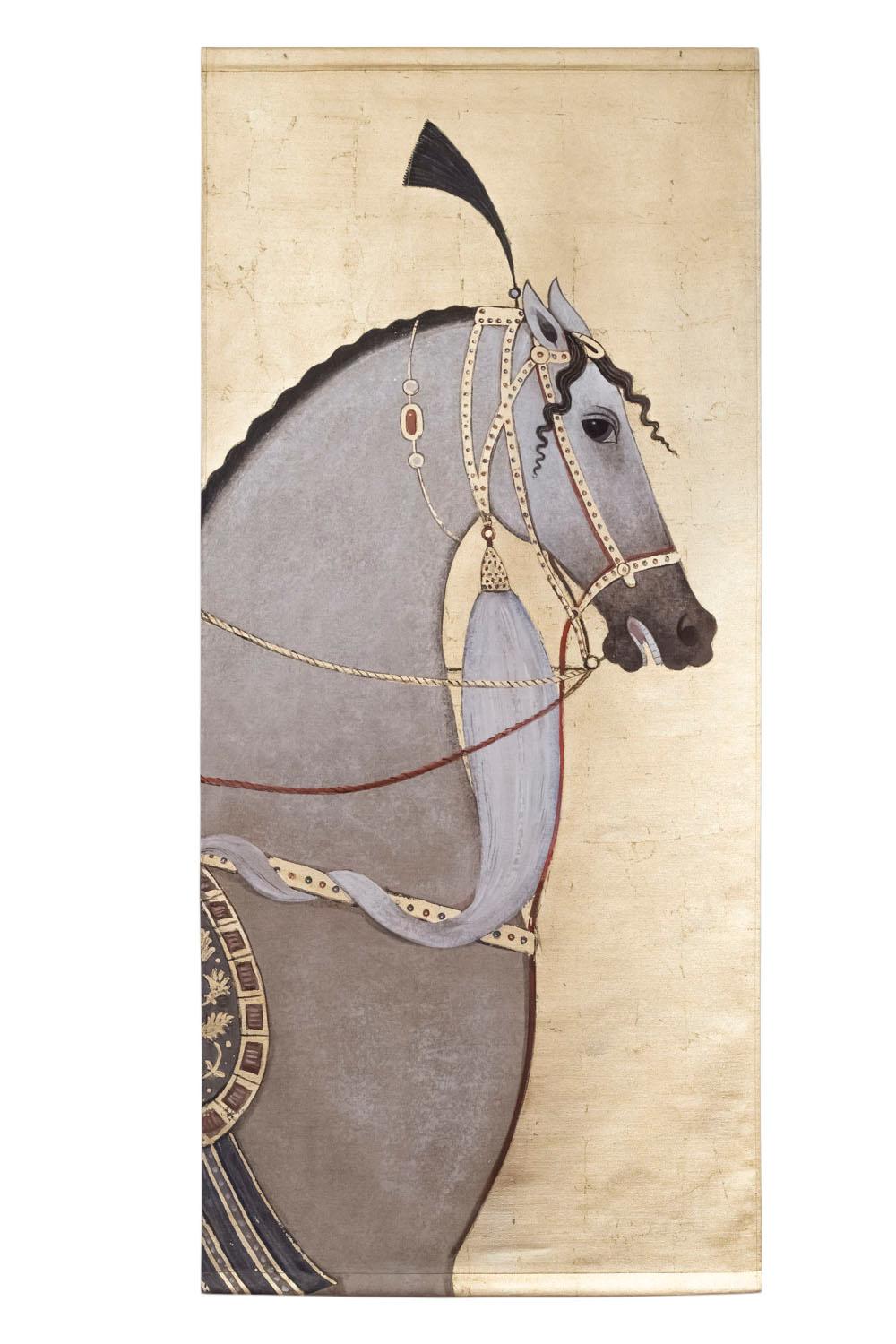 Pair of canvas figuring grey Arabian horses on a gilt background. On each canvas, a profile of a grey horse head with a darker wavy mane, wearing a harness decorated with stones and duster on head. They wear saddle pads with gilt foliage motifs on a