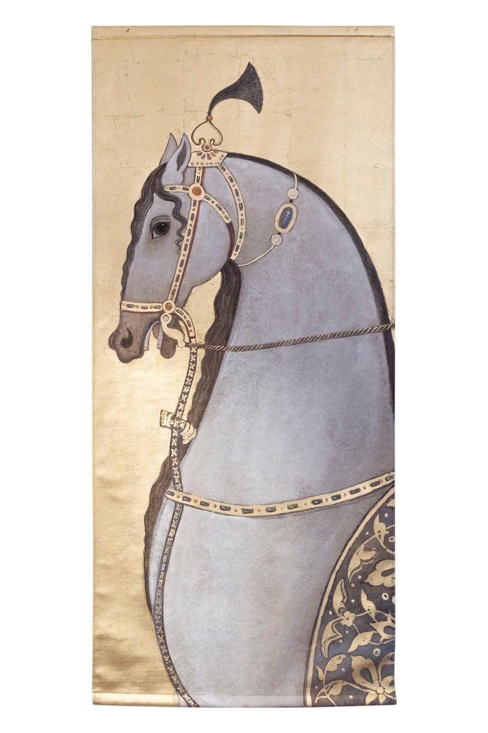 French Pair of Painted Canvas Figuring Arabian Horses, Contemporary Work