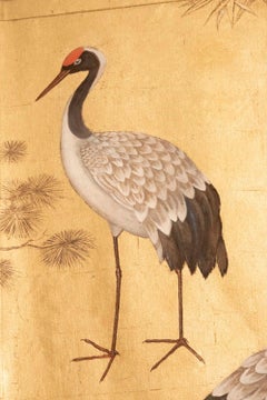 Pair of Painted Canvas Figuring Cranes Birds, Contemporary Work