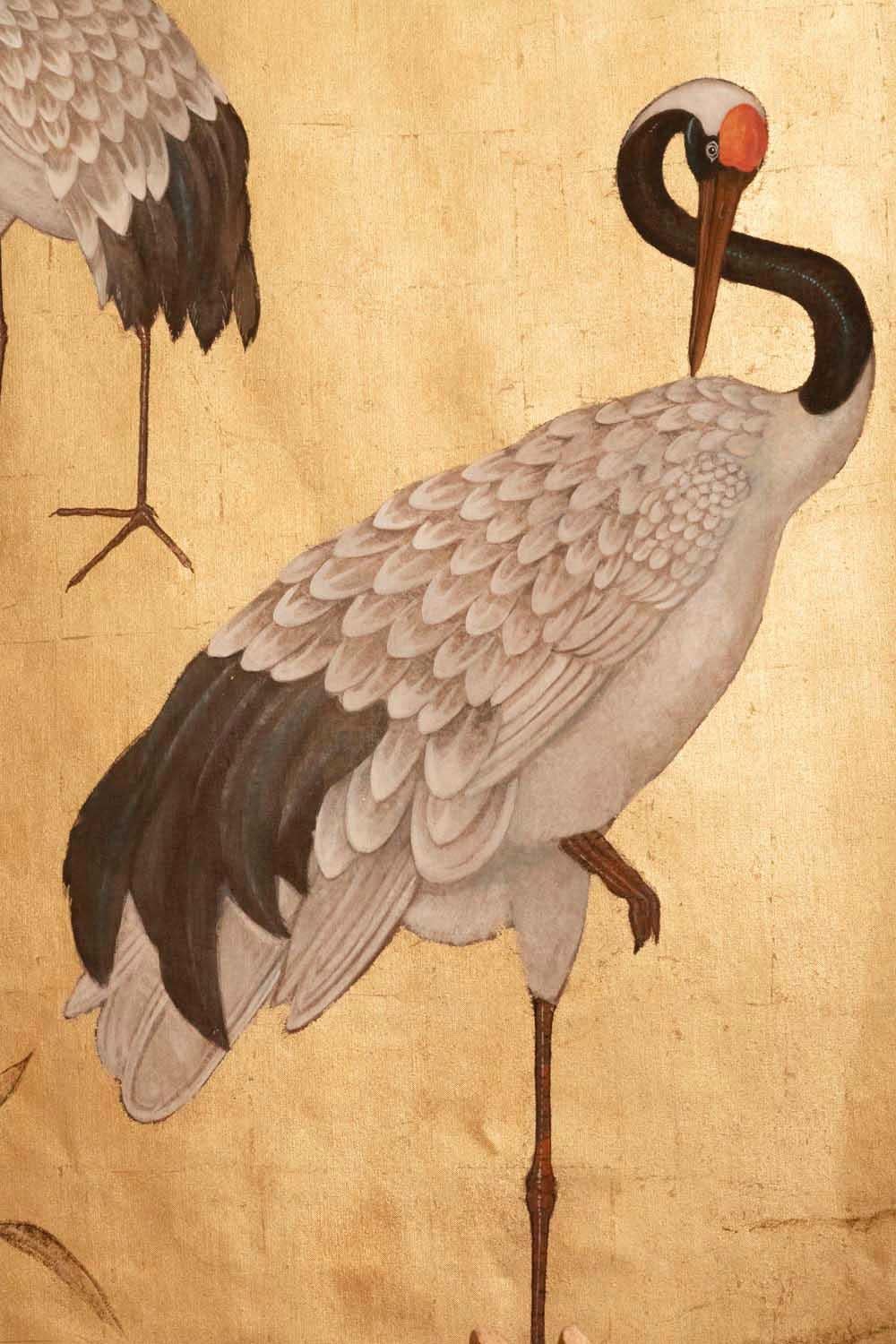 Linen Pair of Painted Canvas Figuring Cranes Birds, Contemporary Work