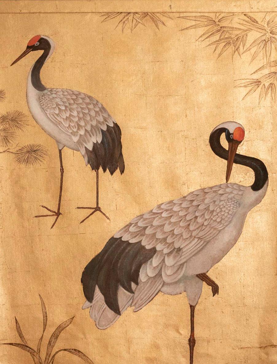 Pair of Painted Canvas Figuring Cranes Birds, Contemporary Work 2