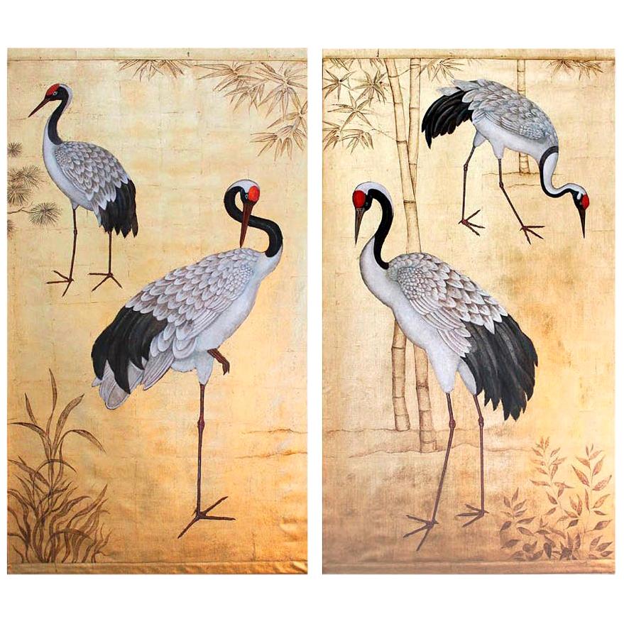 Pair of Painted Canvas Figuring Cranes Birds, Contemporary Work