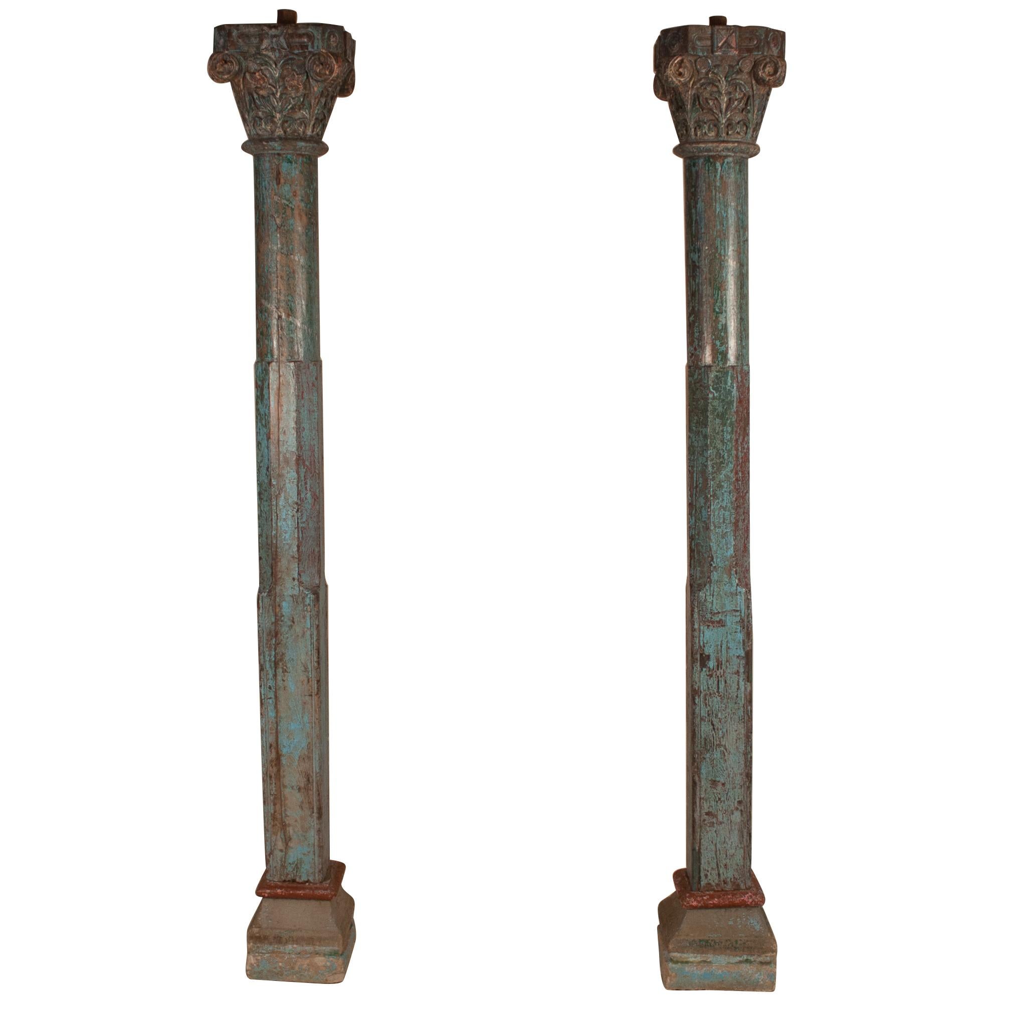 Pair of Painted, Carved Teak Wood Columns from Gujarat, India