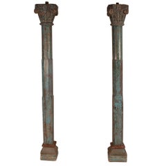 Antique Pair of Painted, Carved Teak Wood Columns from Gujarat, India