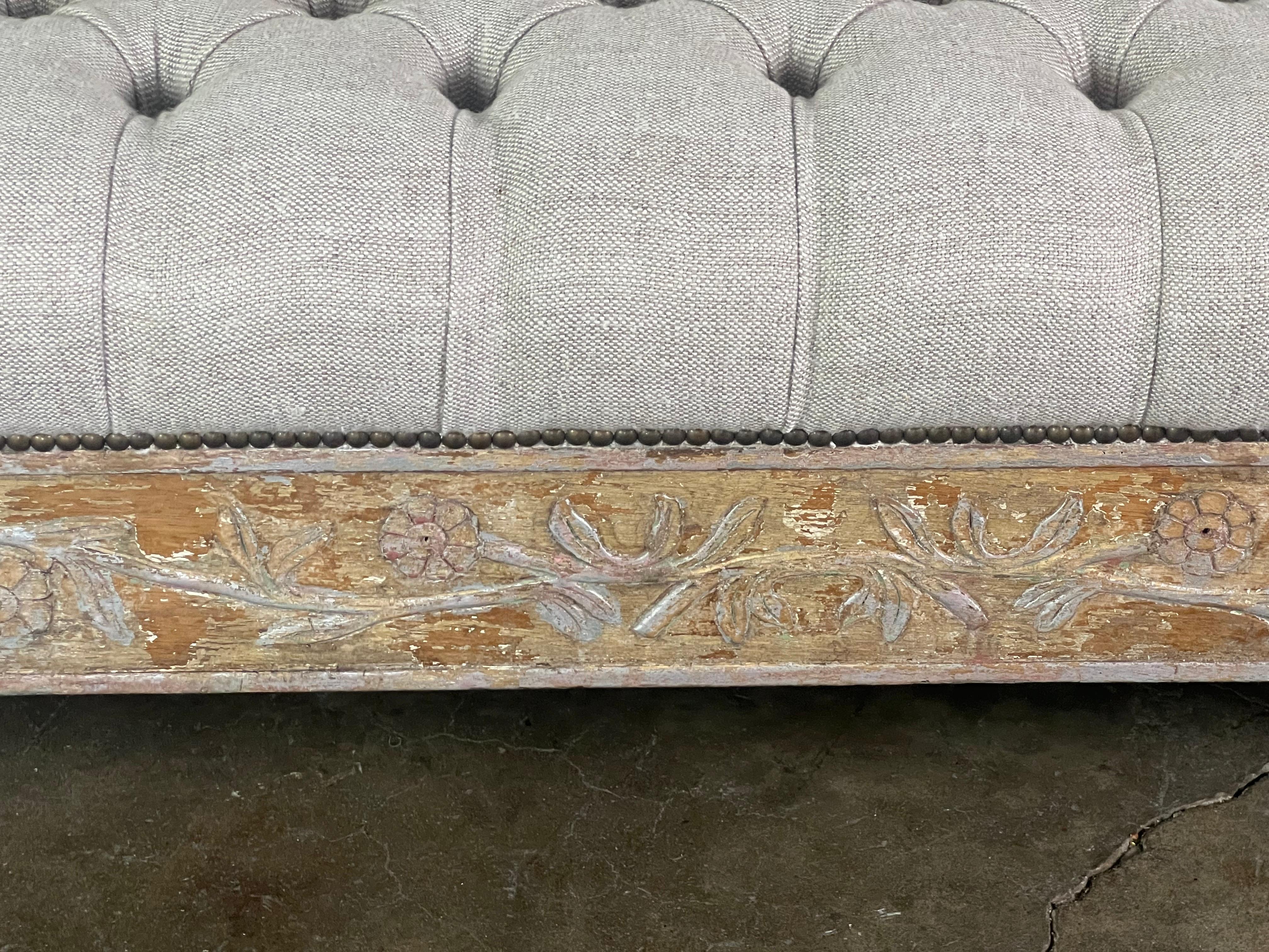 Pair of Painted Carved Wood Linen Upholstered Daybeds 1930's 4