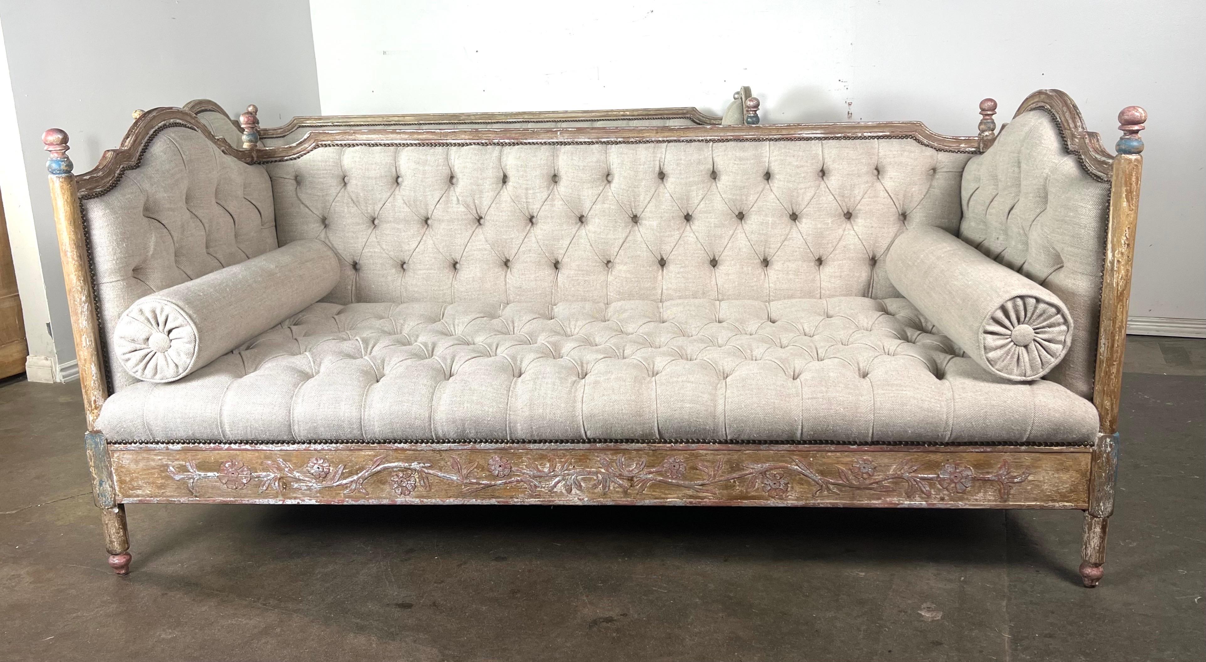 Pair of Painted Carved Wood Linen Upholstered Daybeds 1930's 11