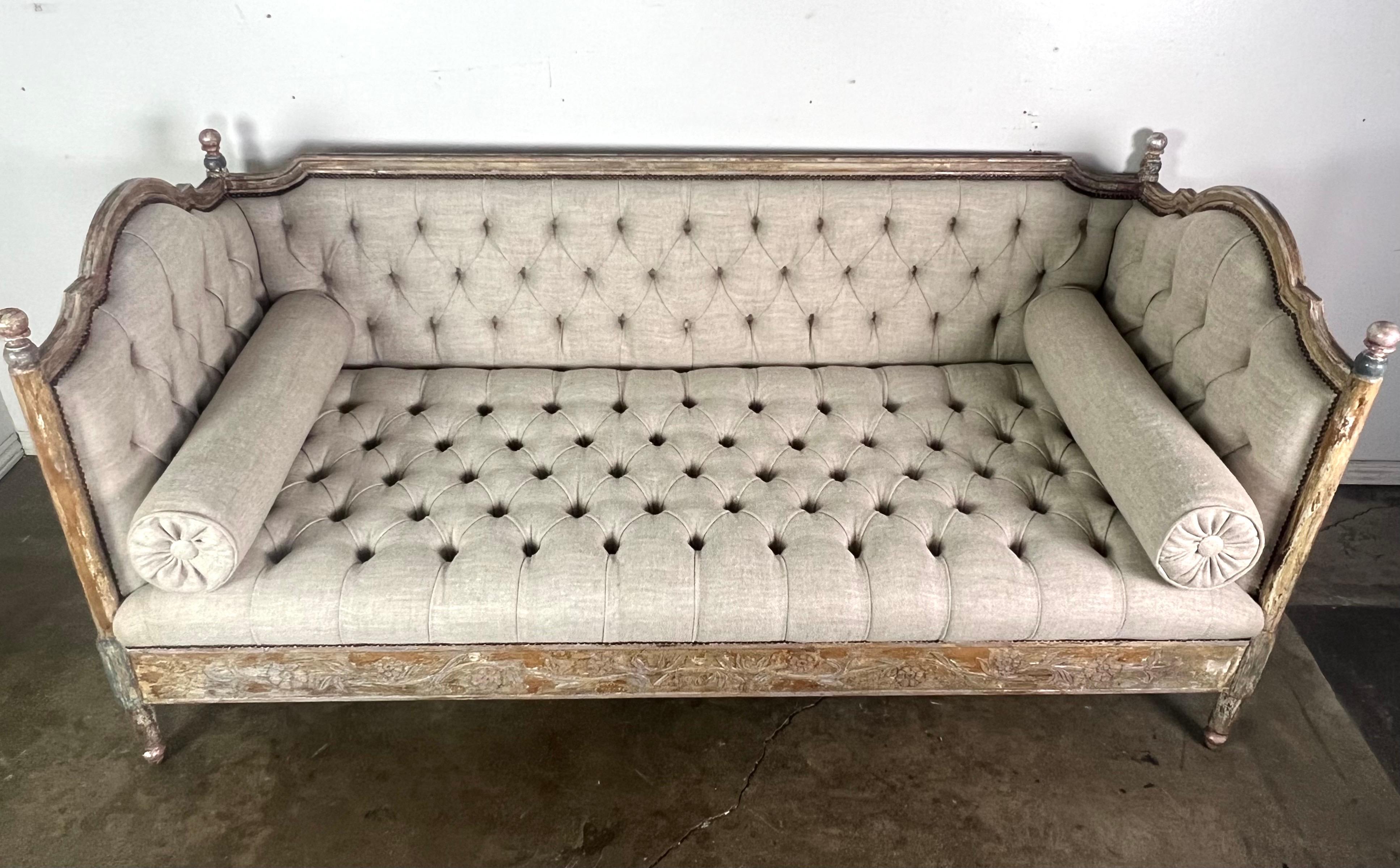 French Provincial Pair of Painted Carved Wood Linen Upholstered Daybeds 1930's