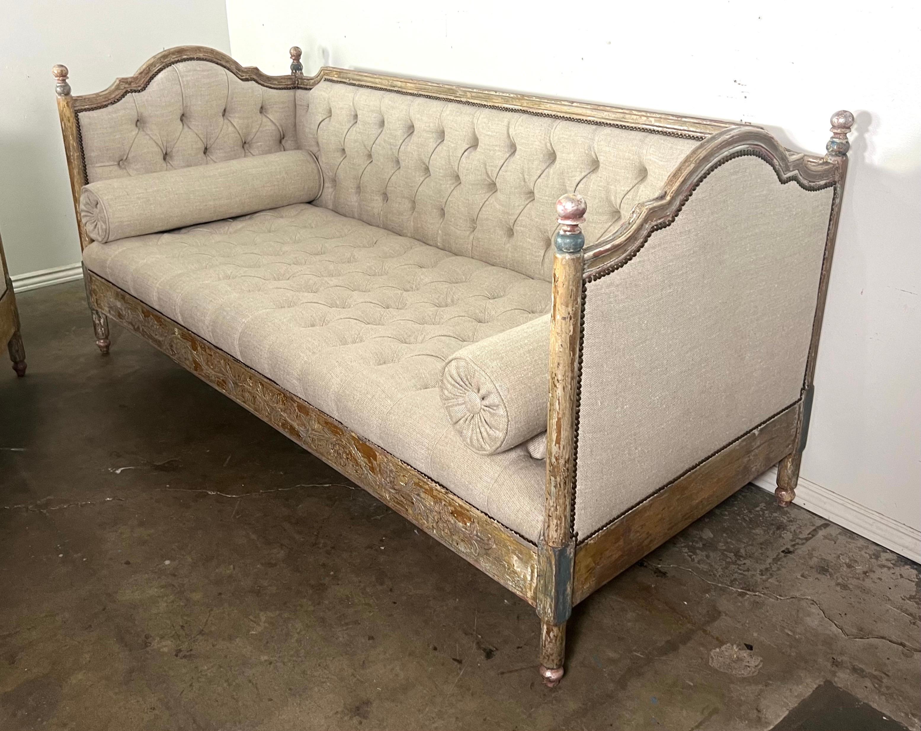 French Pair of Painted Carved Wood Linen Upholstered Daybeds 1930's