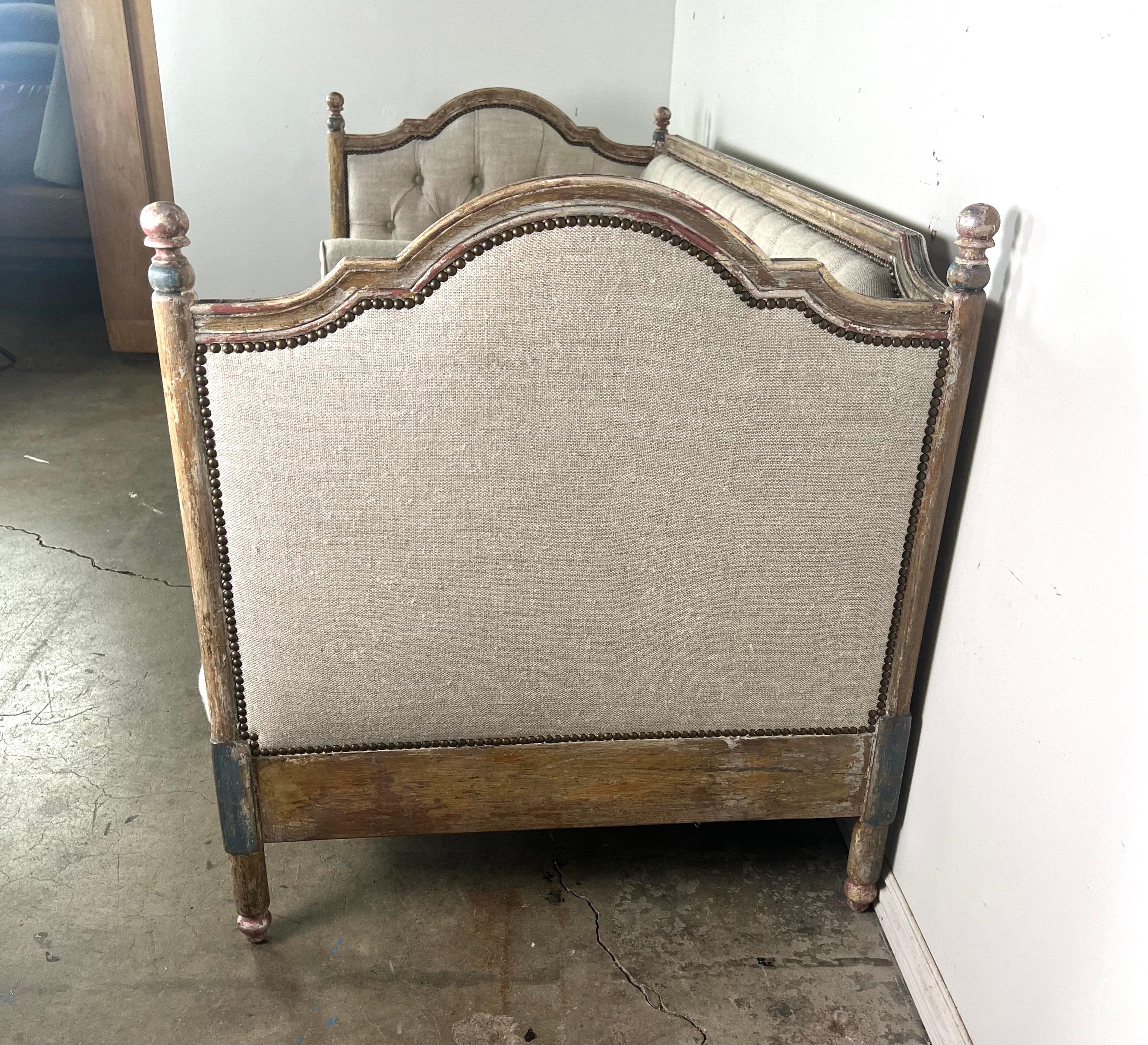 19th Century Pair of Painted Carved Wood Linen Upholstered Daybeds 1930's