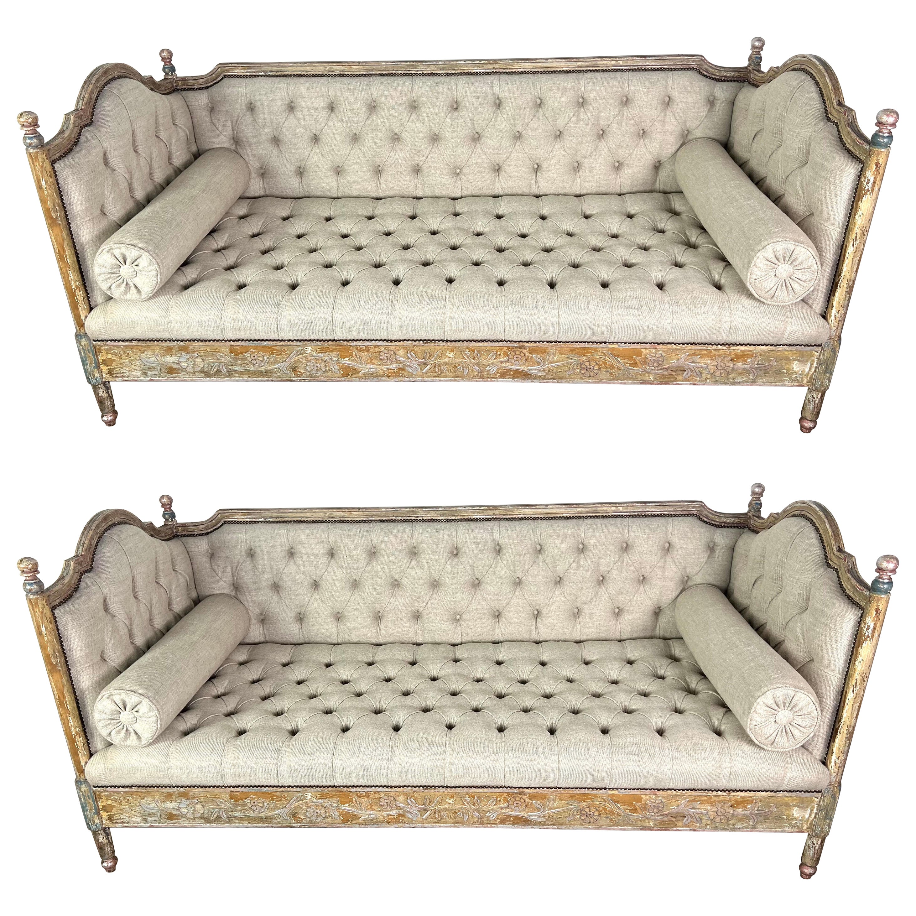 Pair of Painted Carved Wood Linen Upholstered Daybeds 1930's