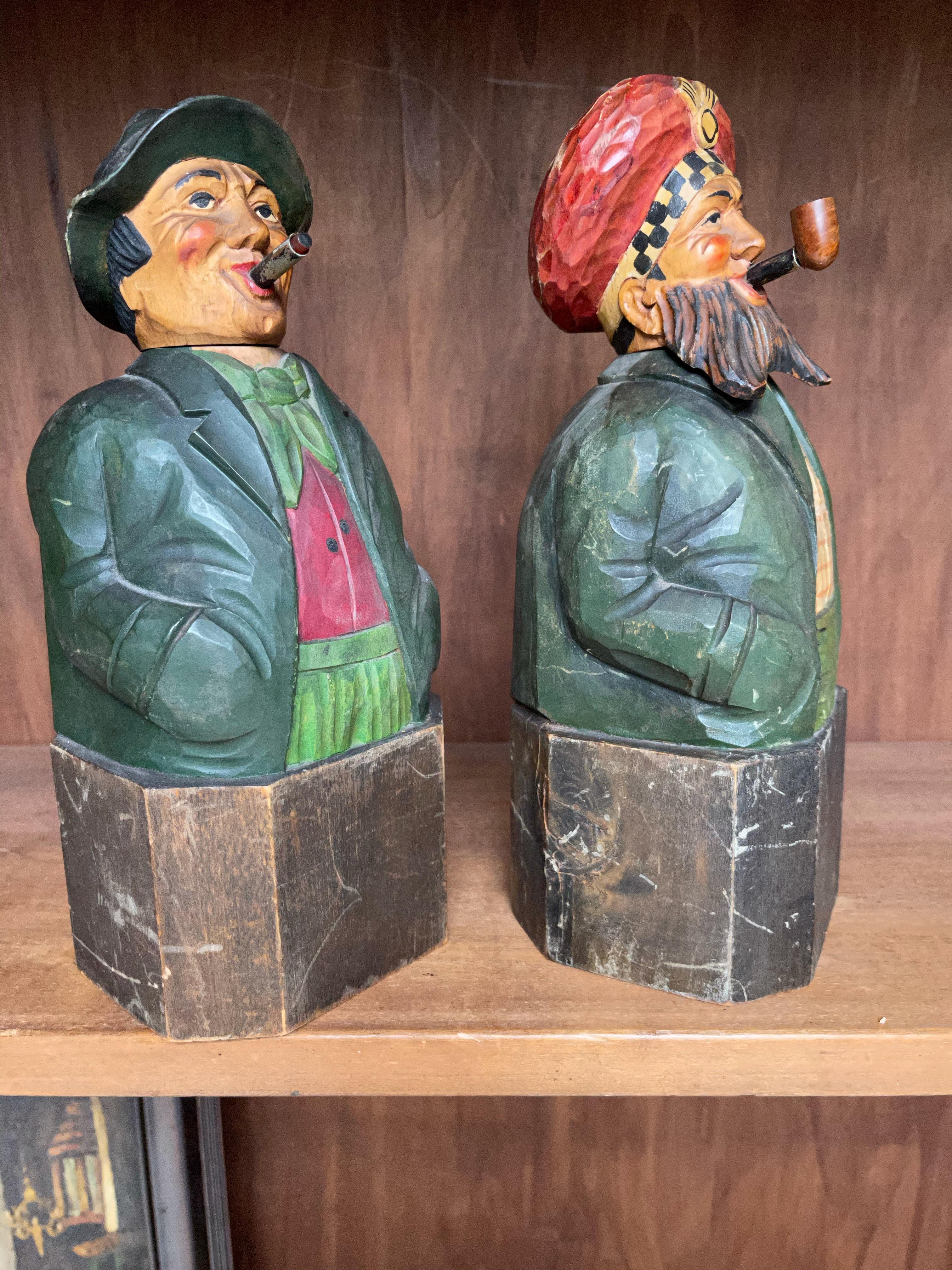 Pair of Painted Carved Wood Tiplers Sculpture Decanters / Bottles or Bookends 13