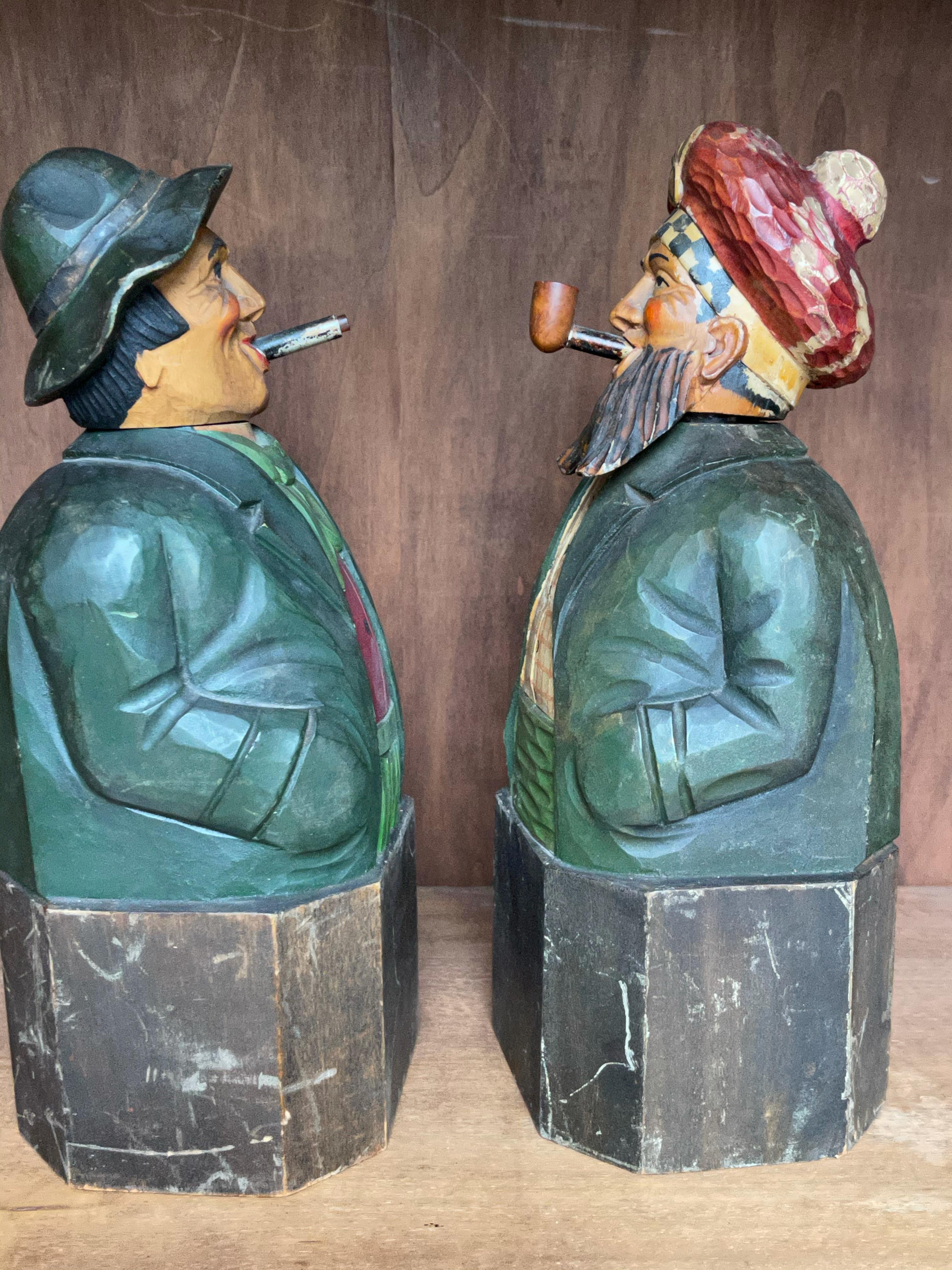 German Pair of Painted Carved Wood Tiplers Sculpture Decanters / Bottles or Bookends