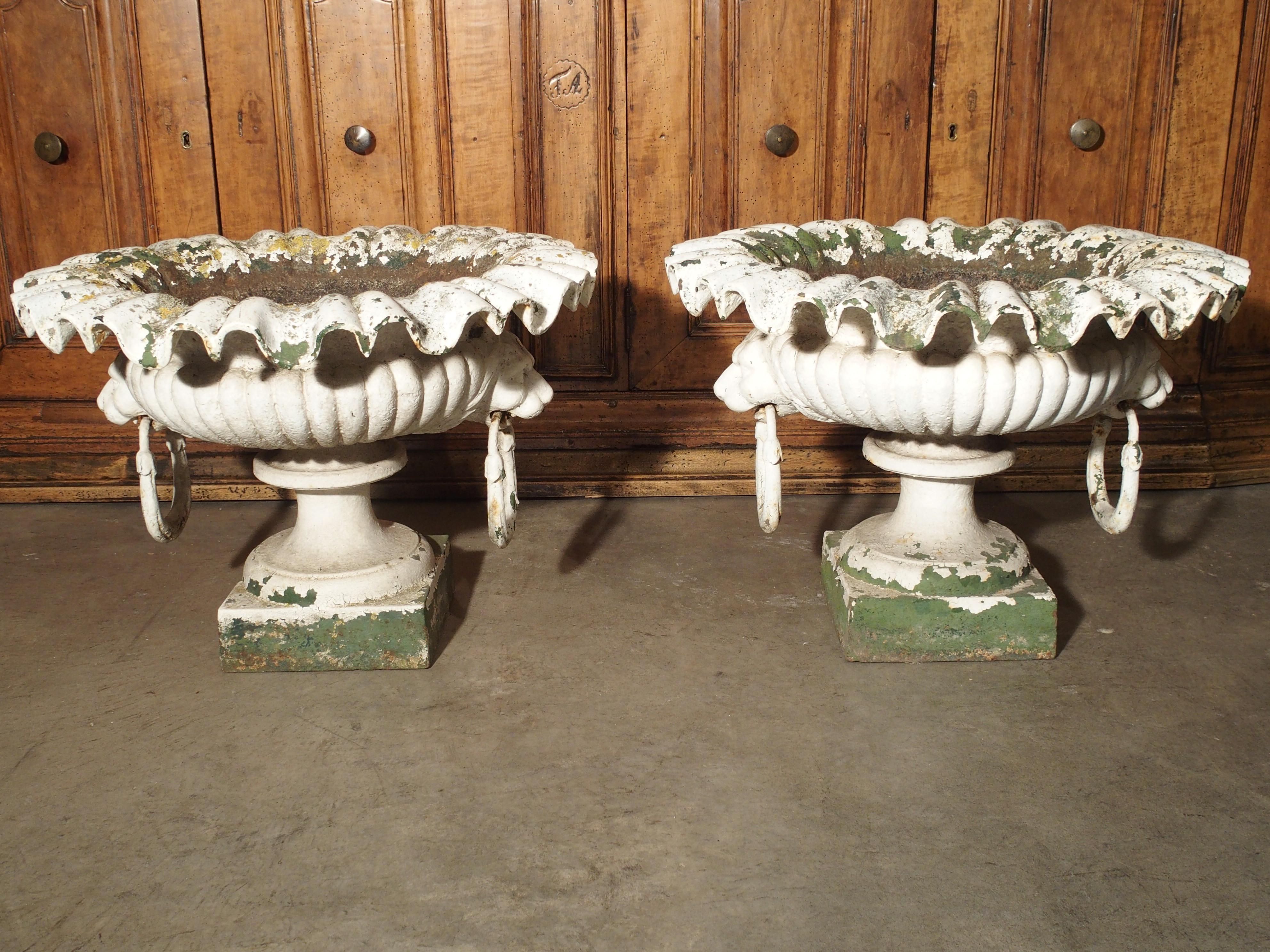 Pair of Painted Cast Iron French Vases with Lions Mask Handles, 19th Century 11