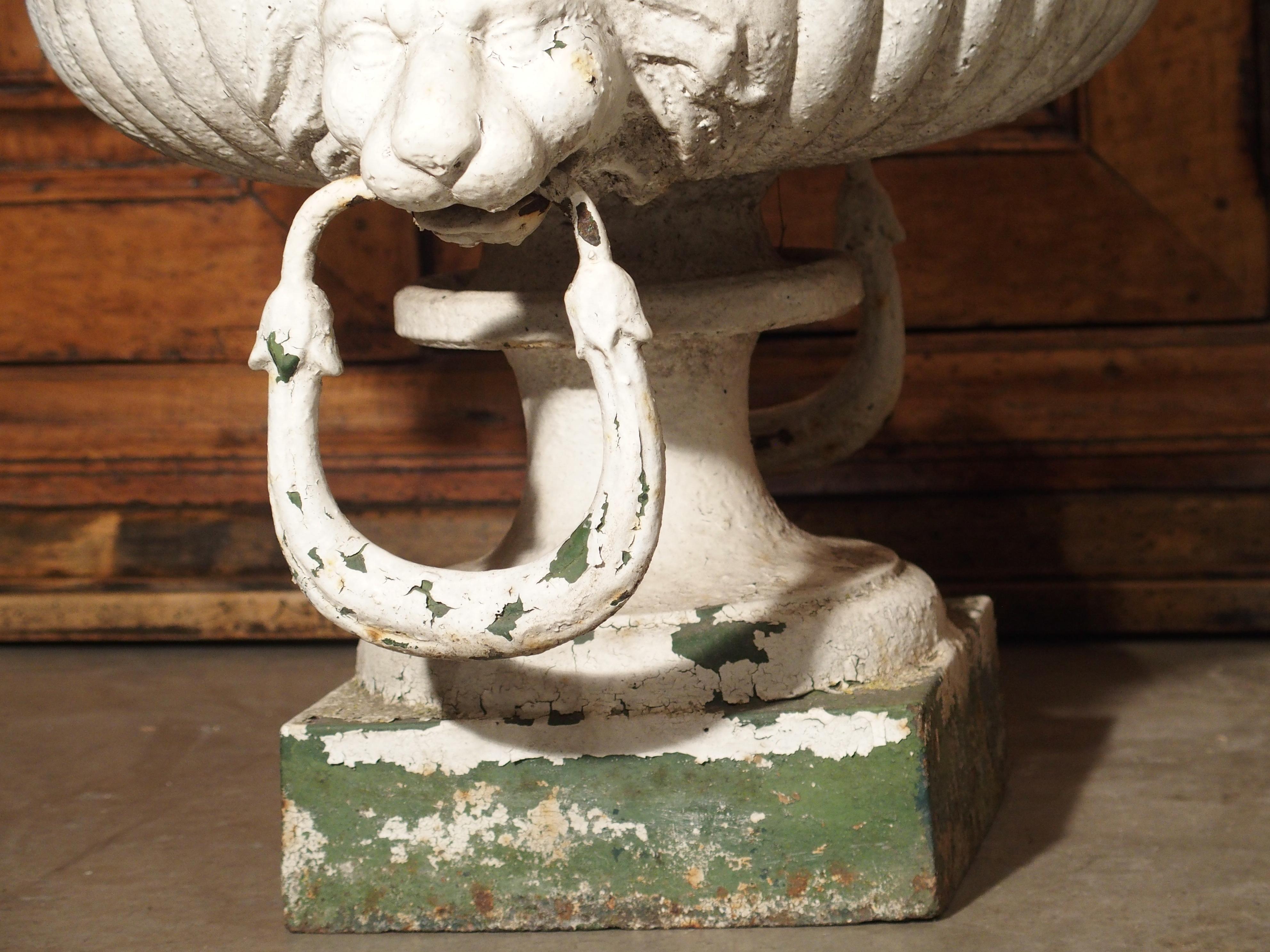 Pair of Painted Cast Iron French Vases with Lions Mask Handles, 19th Century 15