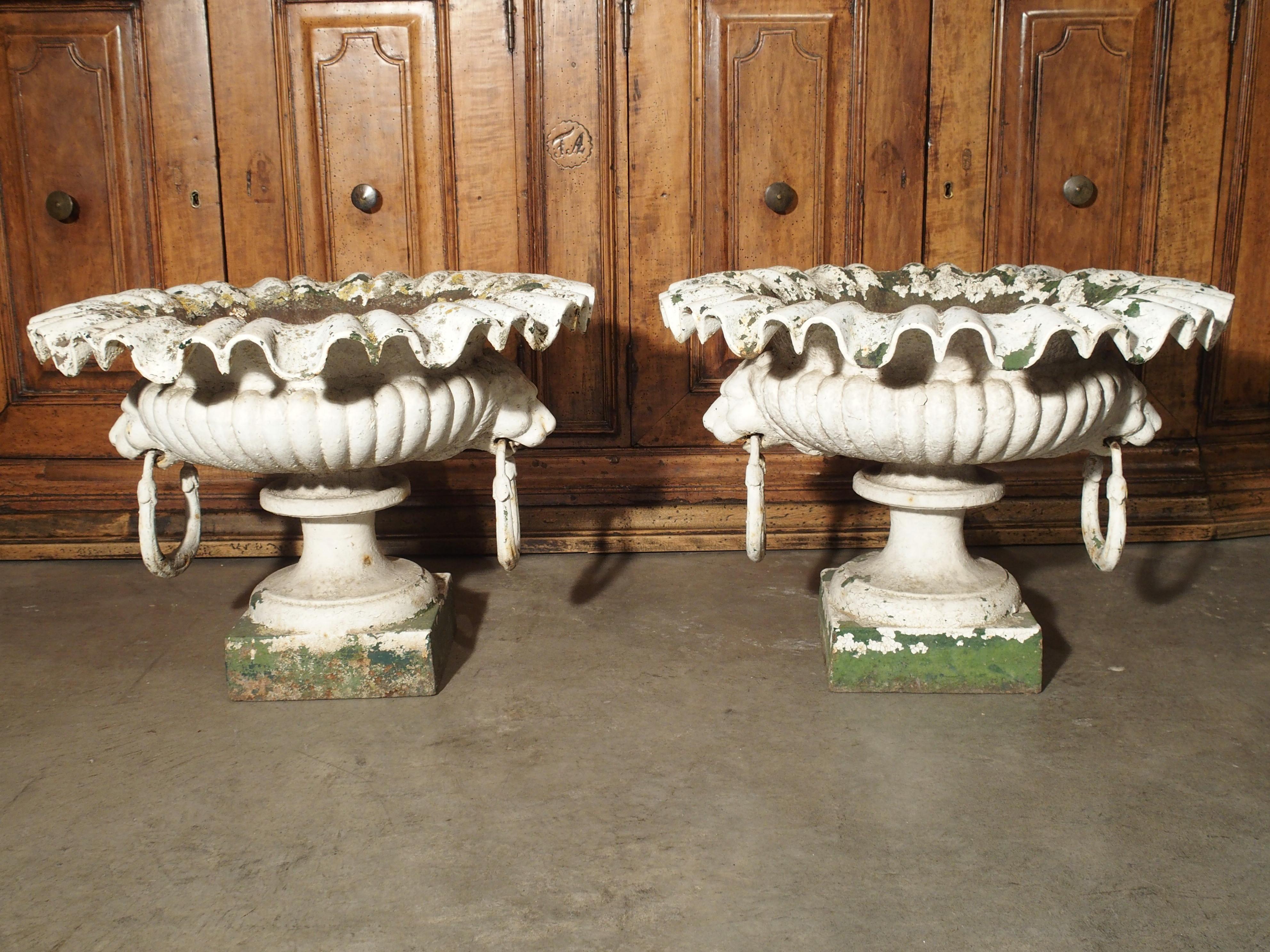 Pair of Painted Cast Iron French Vases with Lions Mask Handles, 19th Century 17