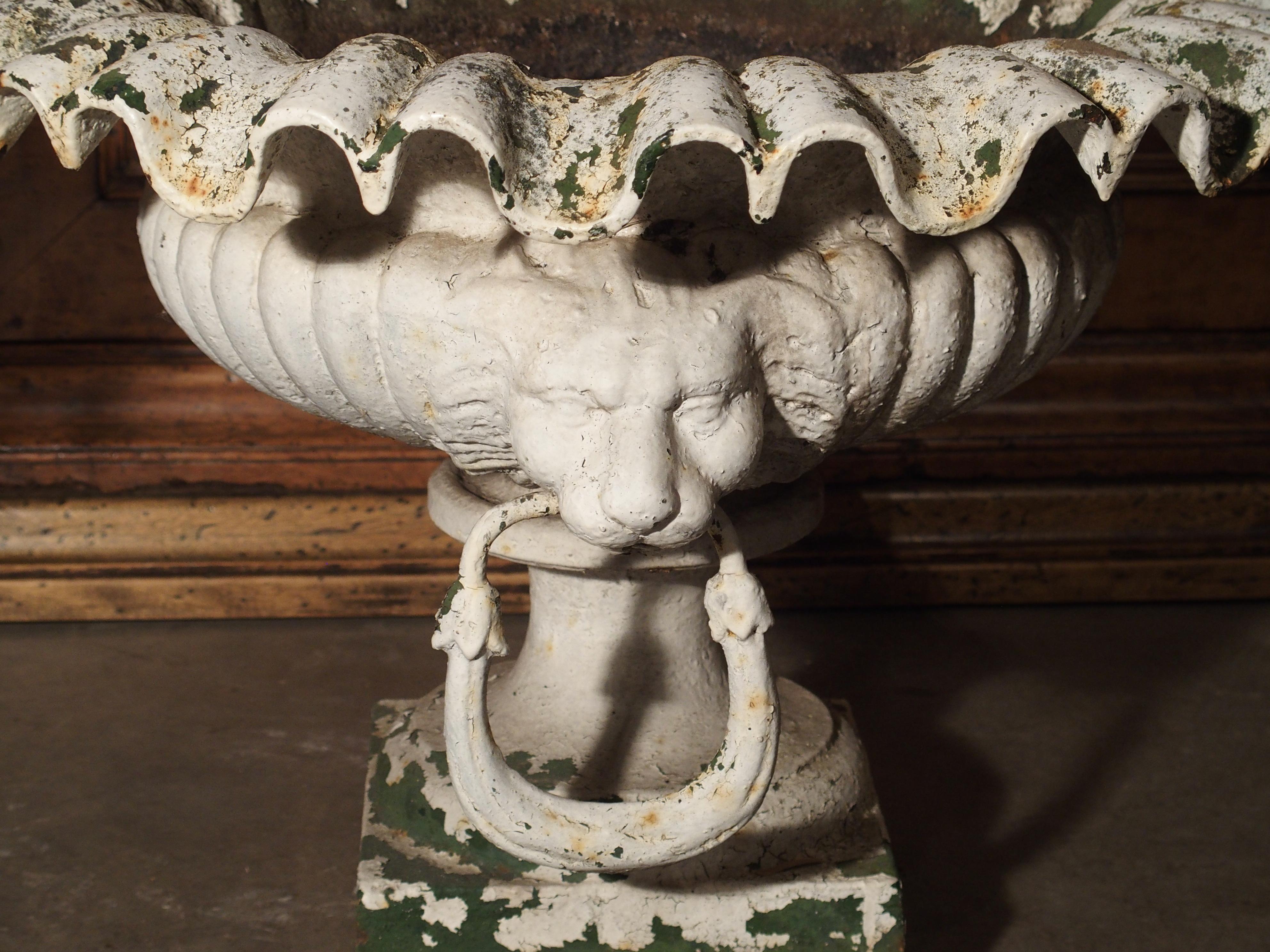 Pair of Painted Cast Iron French Vases with Lions Mask Handles, 19th Century 4