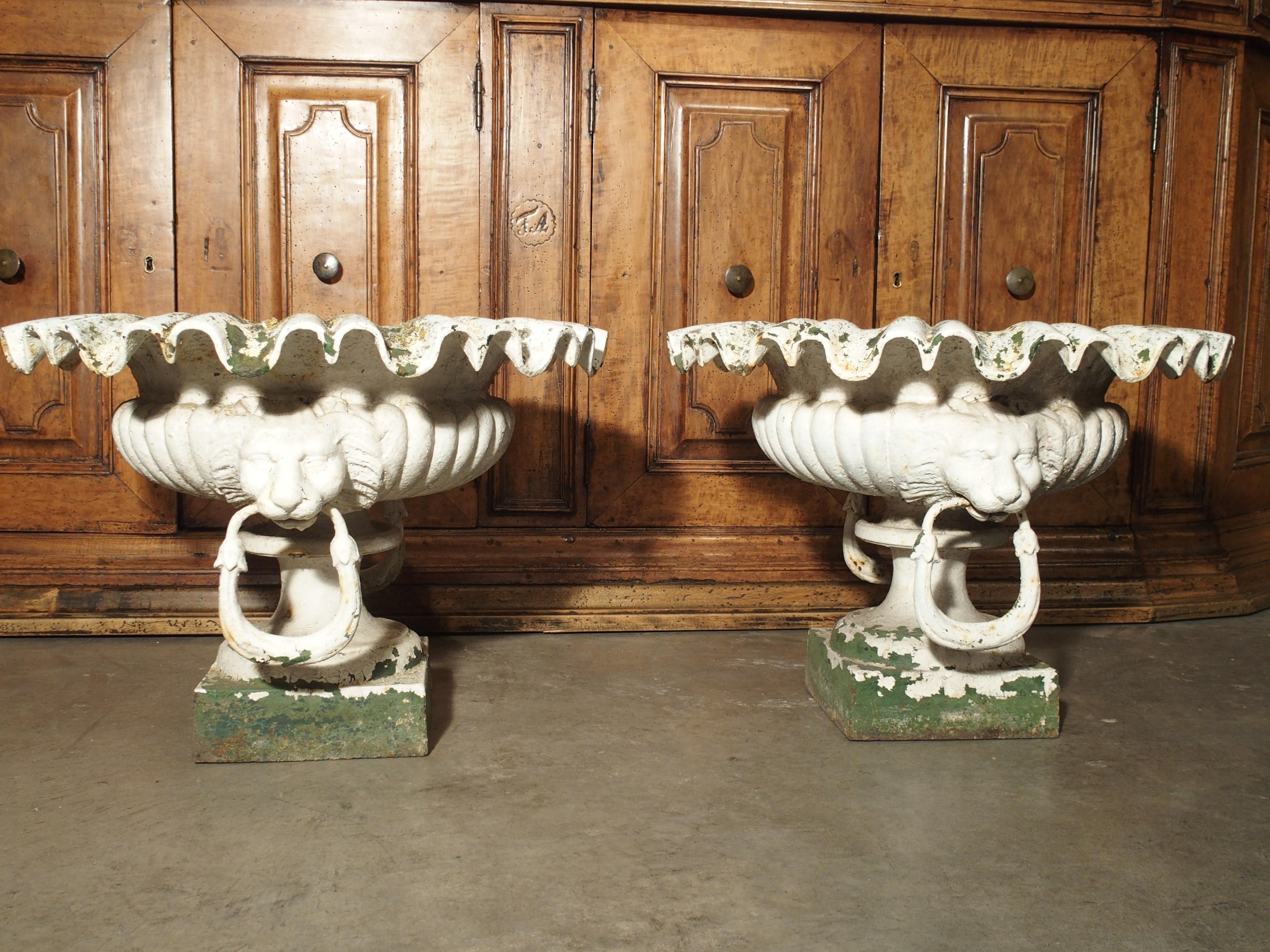 Pair of Painted Cast Iron French Vases with Lions Mask Handles, 19th Century 5