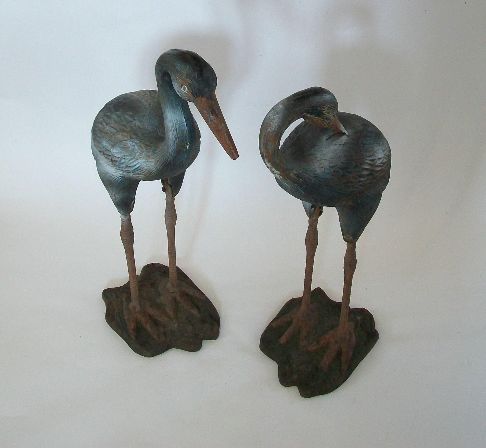 Pair of Painted Cast Iron Heron Garden Sculptures - France - circa 1930s For Sale 1