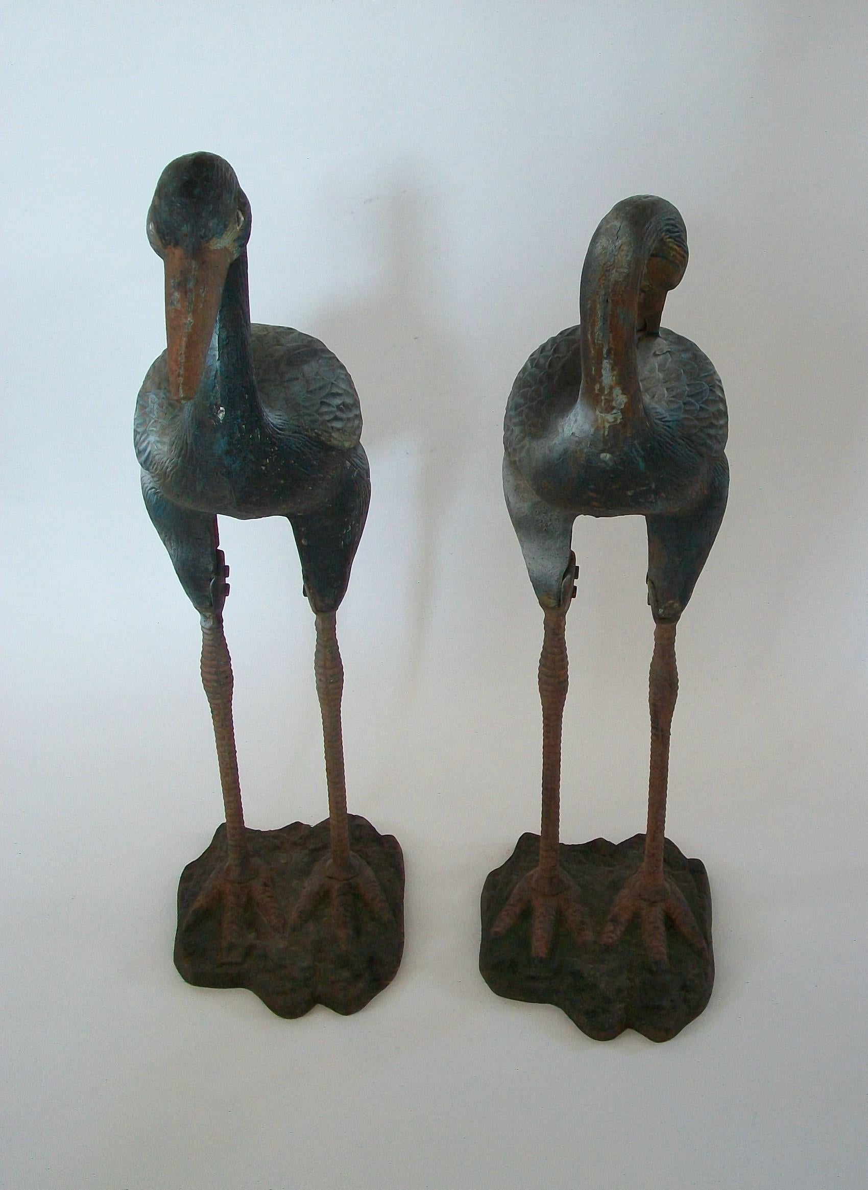 Japonisme Pair of Painted Cast Iron Heron Garden Sculptures - France - circa 1930s For Sale