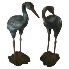 Vintage Pair of Painted Cast Iron Heron Garden Sculptures - France - circa 1930s