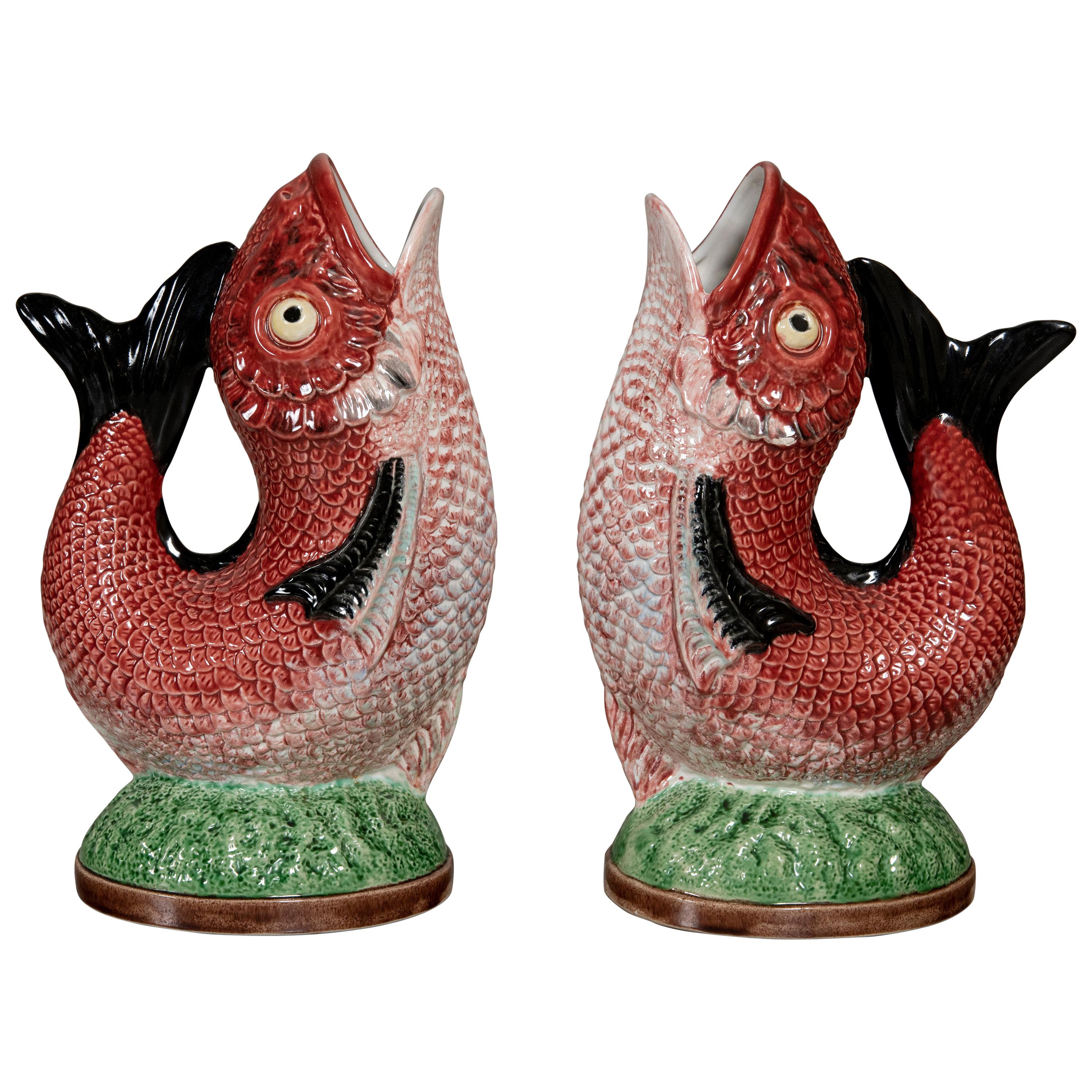 Pair of Painted Ceramic Fish Pitchers by Bordallo Pinheiro, Portugal, circa 1900