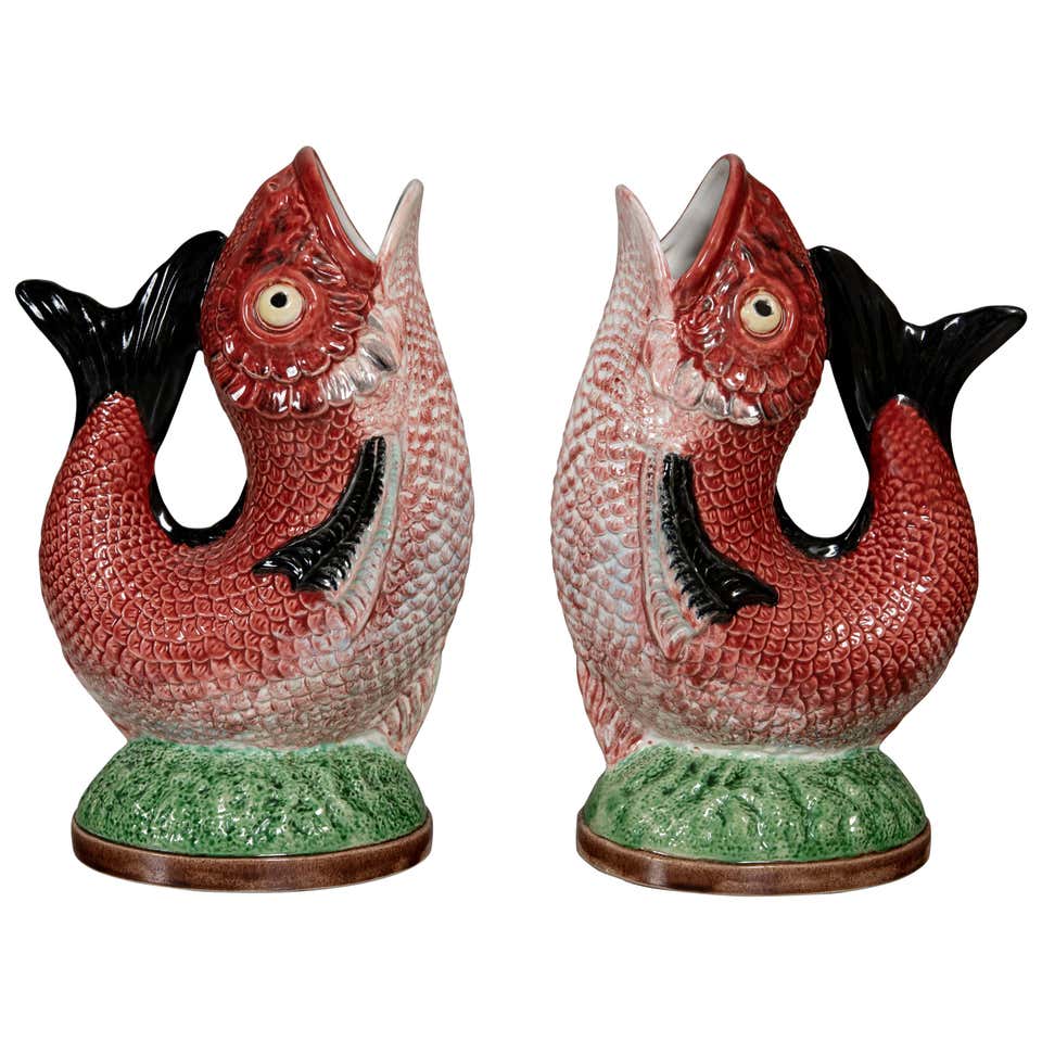 English Pair of Majolica Gurgling Fish Pitchers at 1stDibs