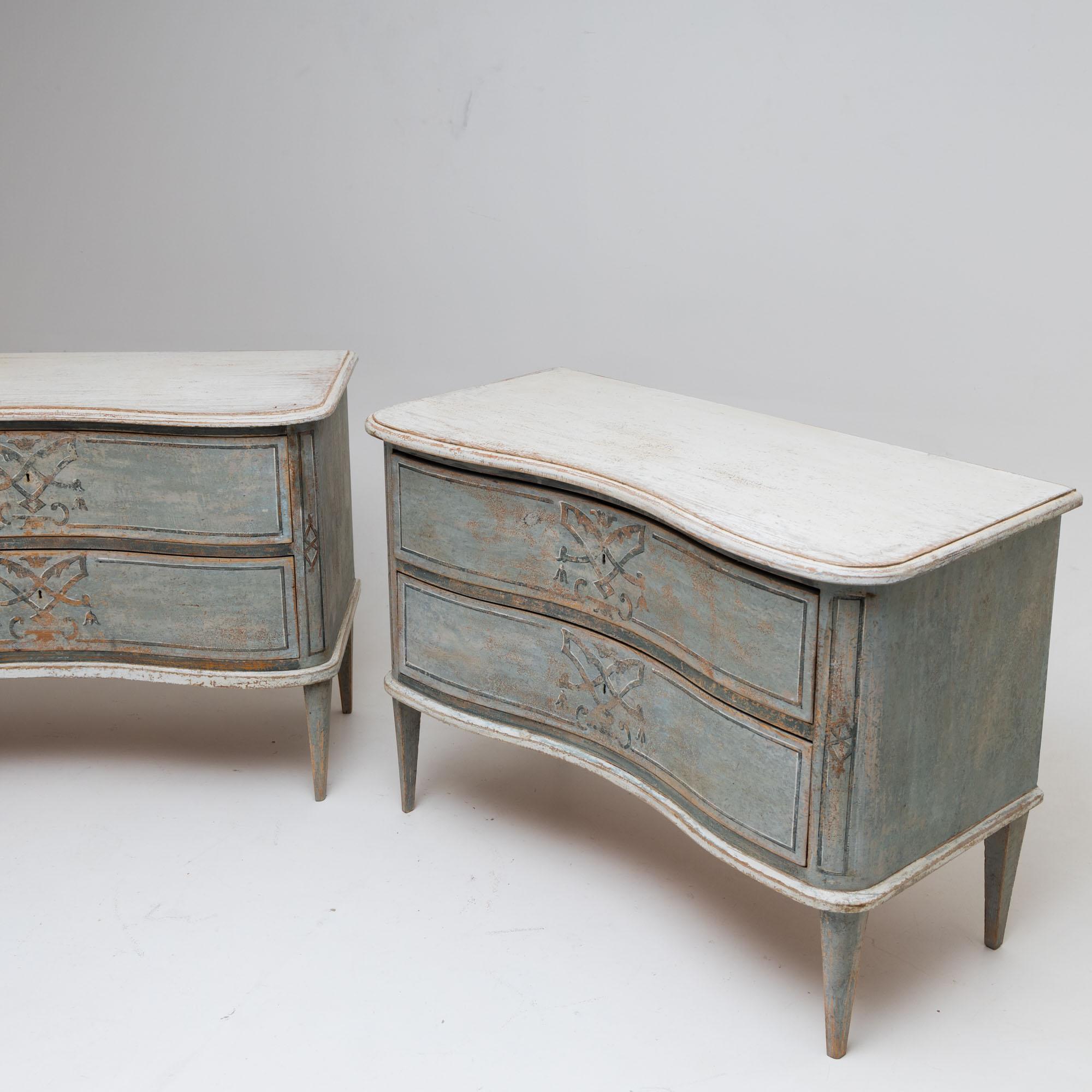 Hand-Painted Pair of Painted Chests of Drawers, Denmark, Late 19th Century