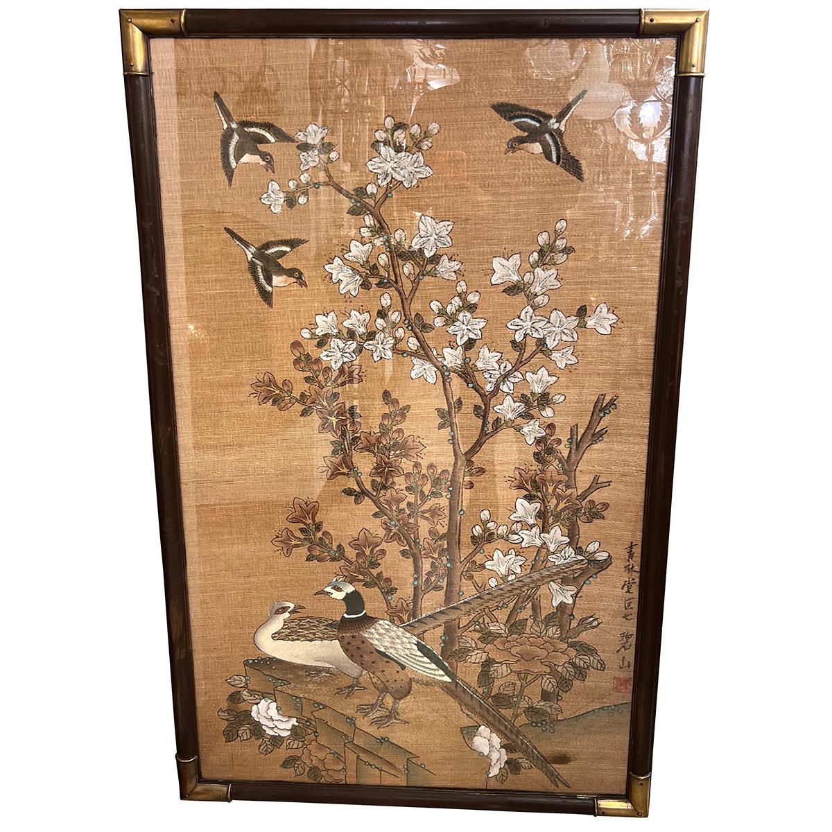 Pair of 1960s painted panels depicting trees and birds.

Measurements:
Height: 44