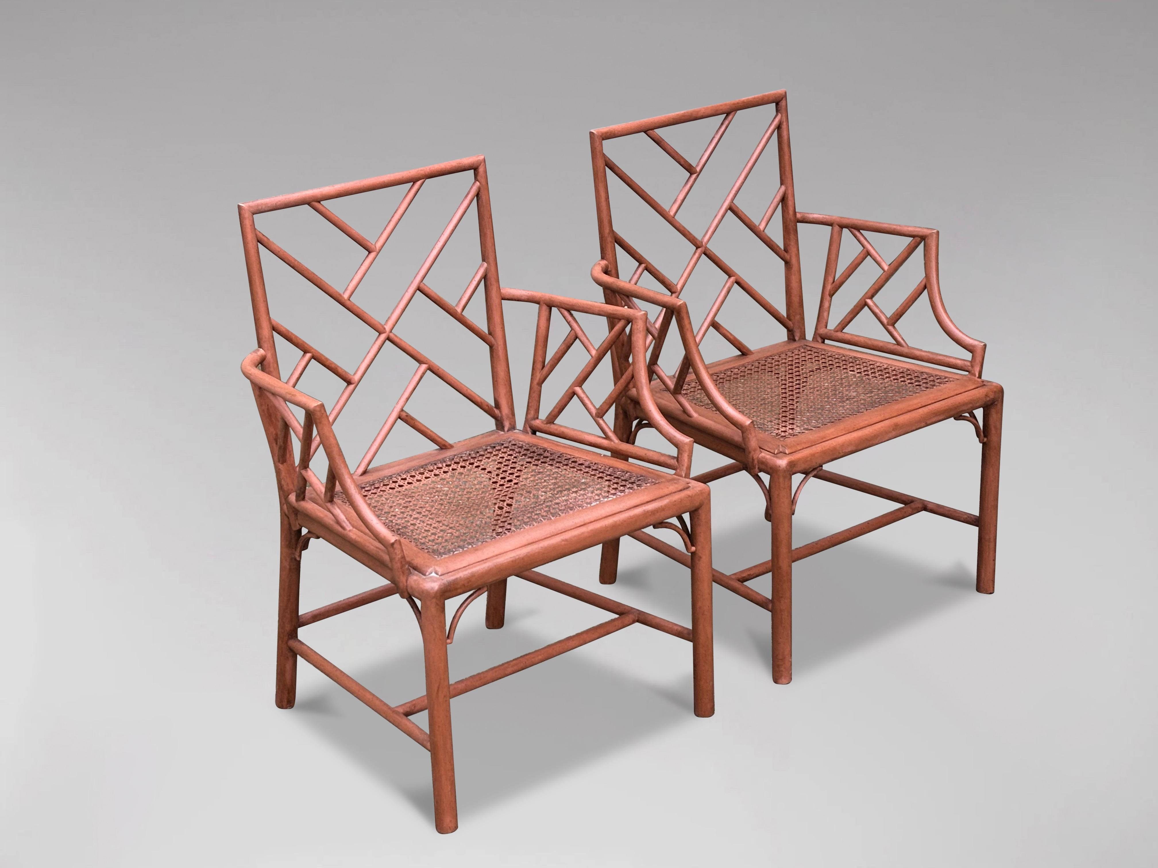 British Pair of Painted Chippendale Faux Bamboo Armchairs For Sale