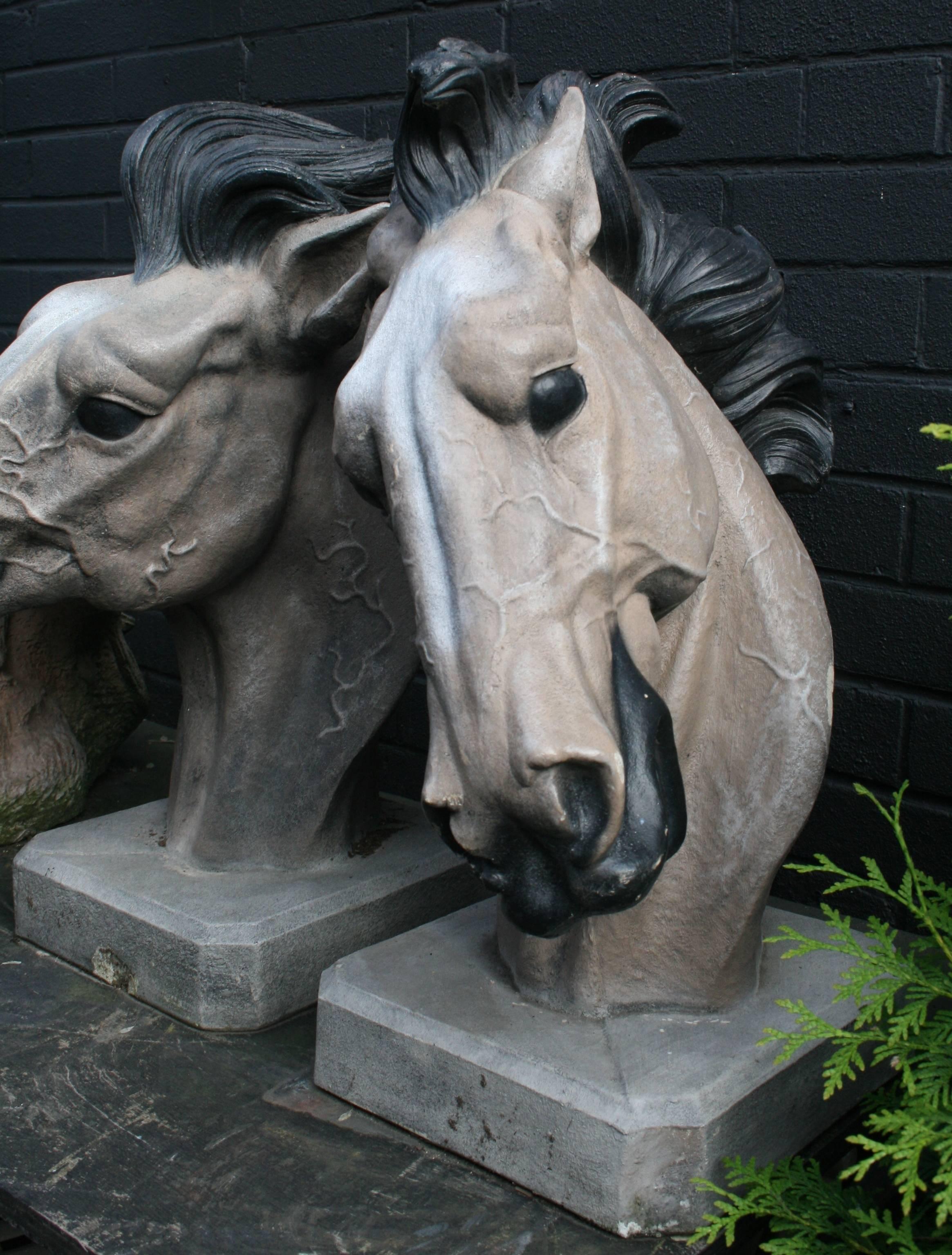 20th Century Pair of Painted Composite Stone Horse Busts