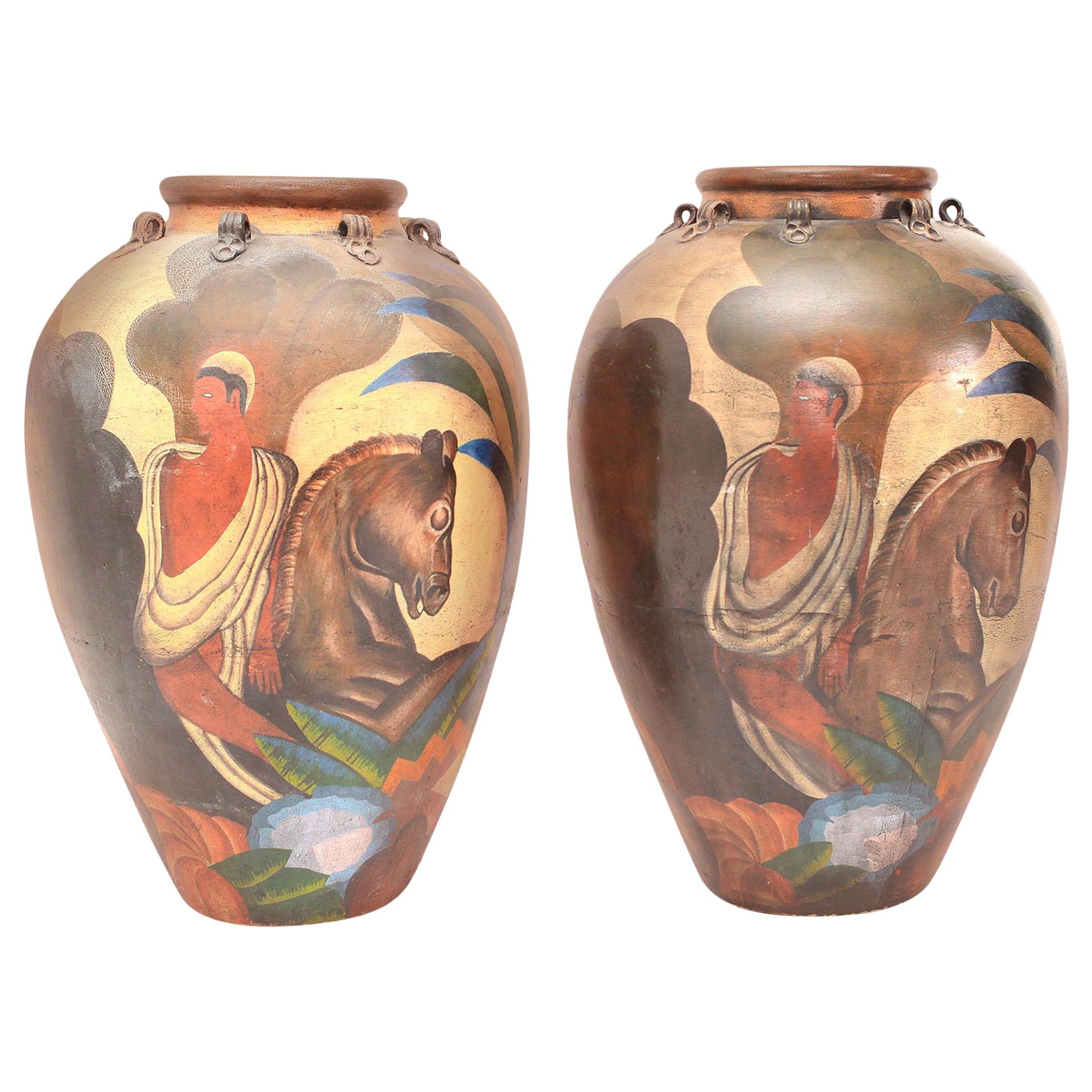 Pair of Painted Deco Style Antique Terracotta Amphora Jars For Sale