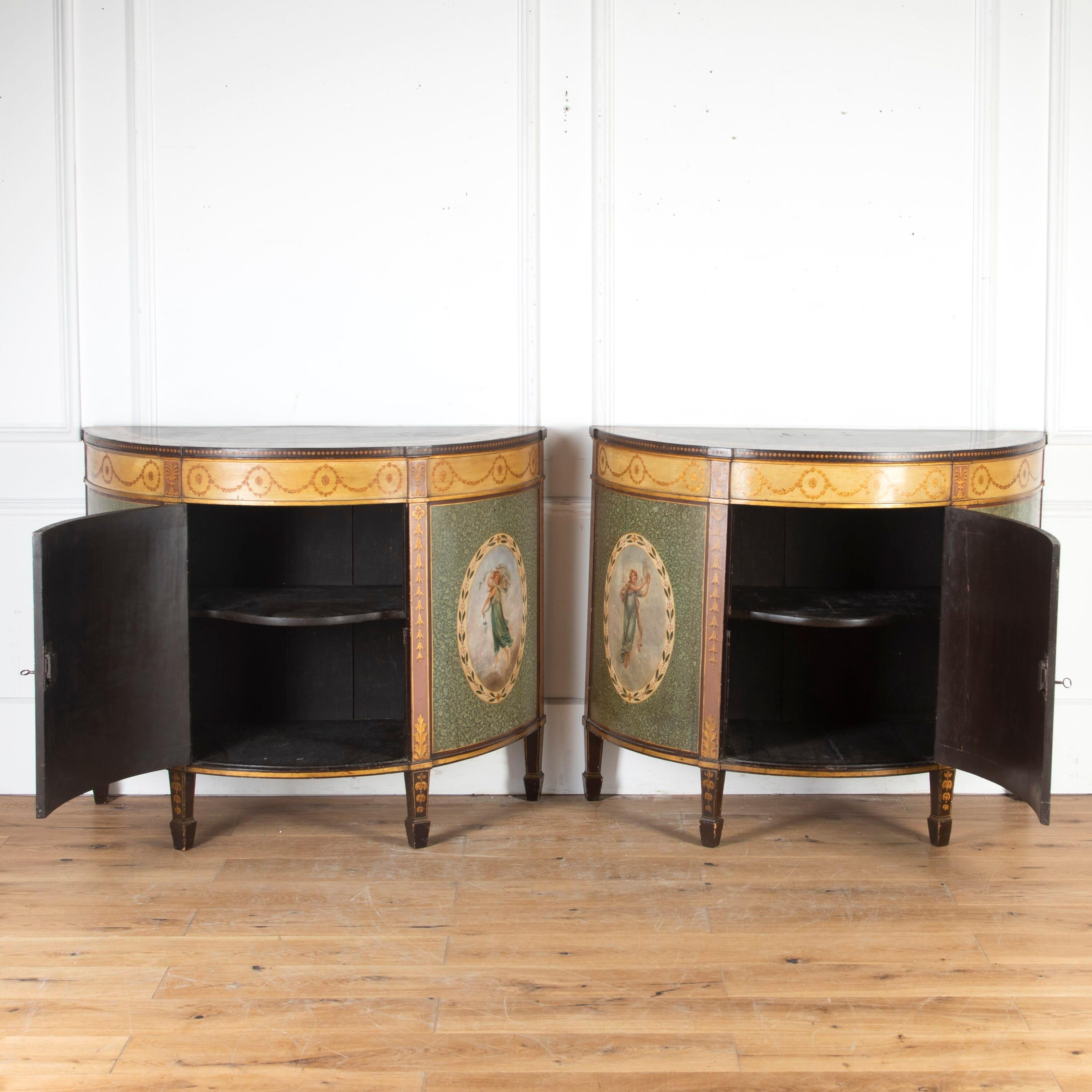 Victorian Pair of Painted Demilune Cabinets by Wright & Mansfield