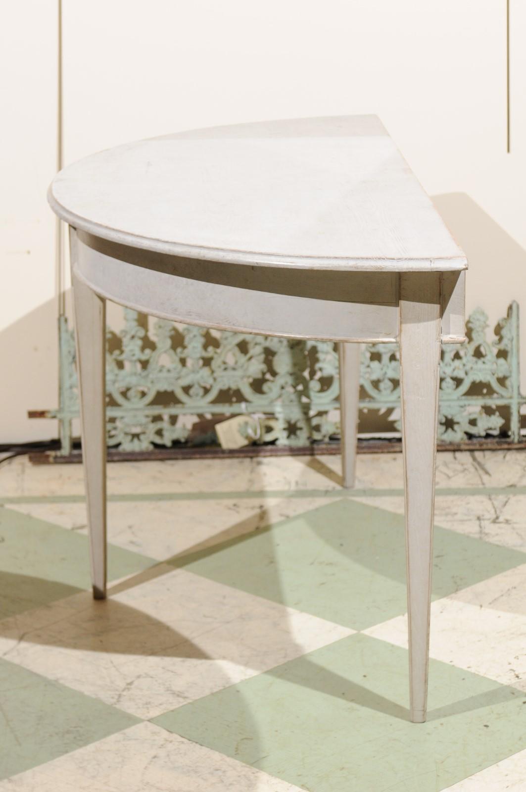 Pair of Painted Demilune Console Tables with Tapering Legs, Sweden In Good Condition In Atlanta, GA