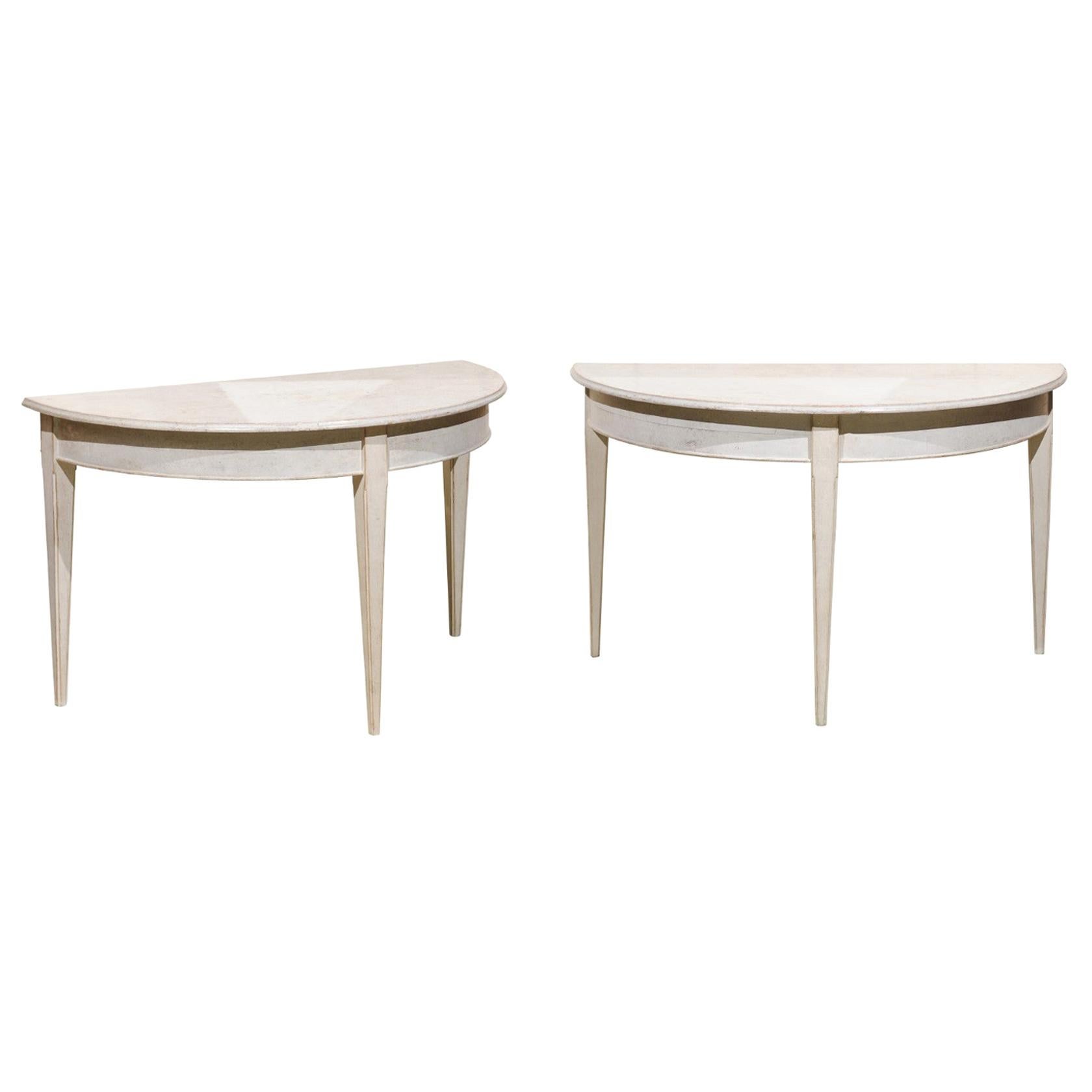 Pair of Painted Demilune Console Tables with Tapering Legs, Sweden