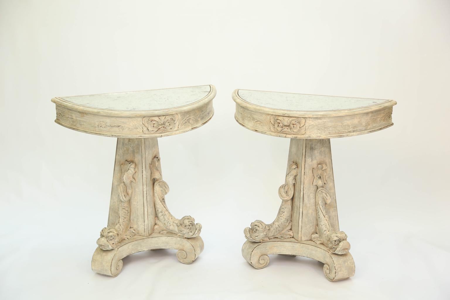 Pair of Painted Demilune Dolphin Consoles with Mirrored Tops 3