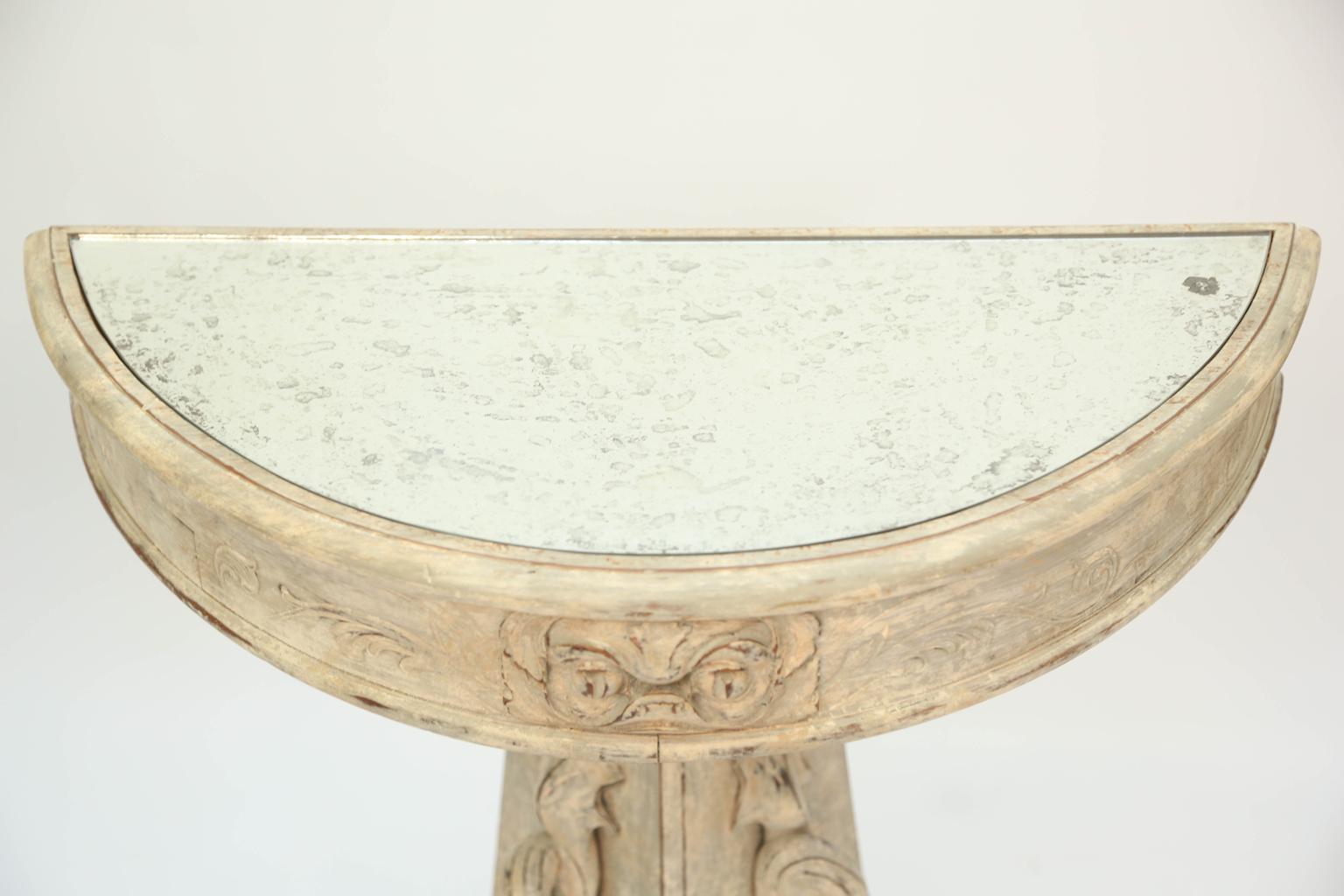Italian Pair of Painted Demilune Dolphin Consoles with Mirrored Tops