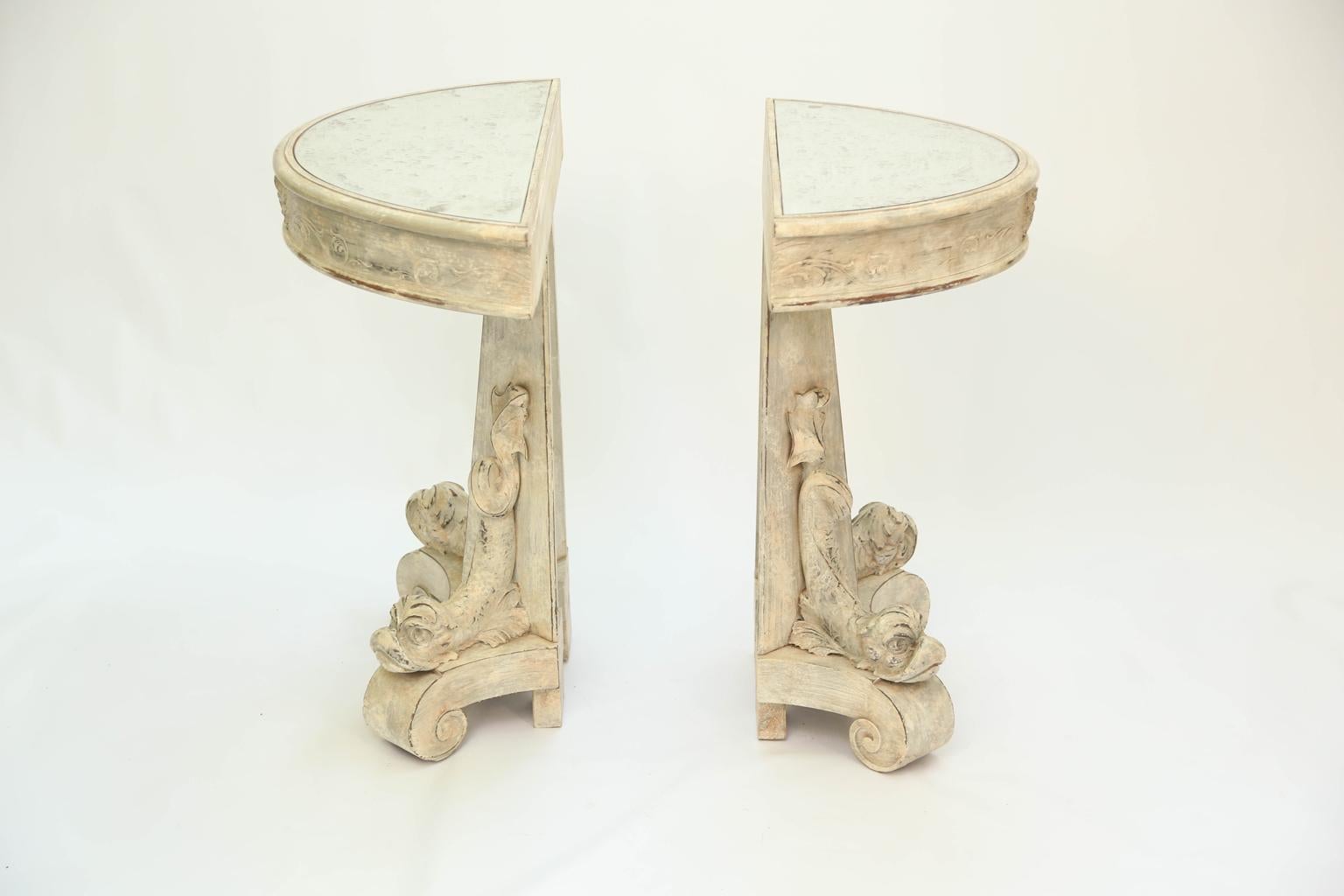 Pair of Painted Demilune Dolphin Consoles with Mirrored Tops 2