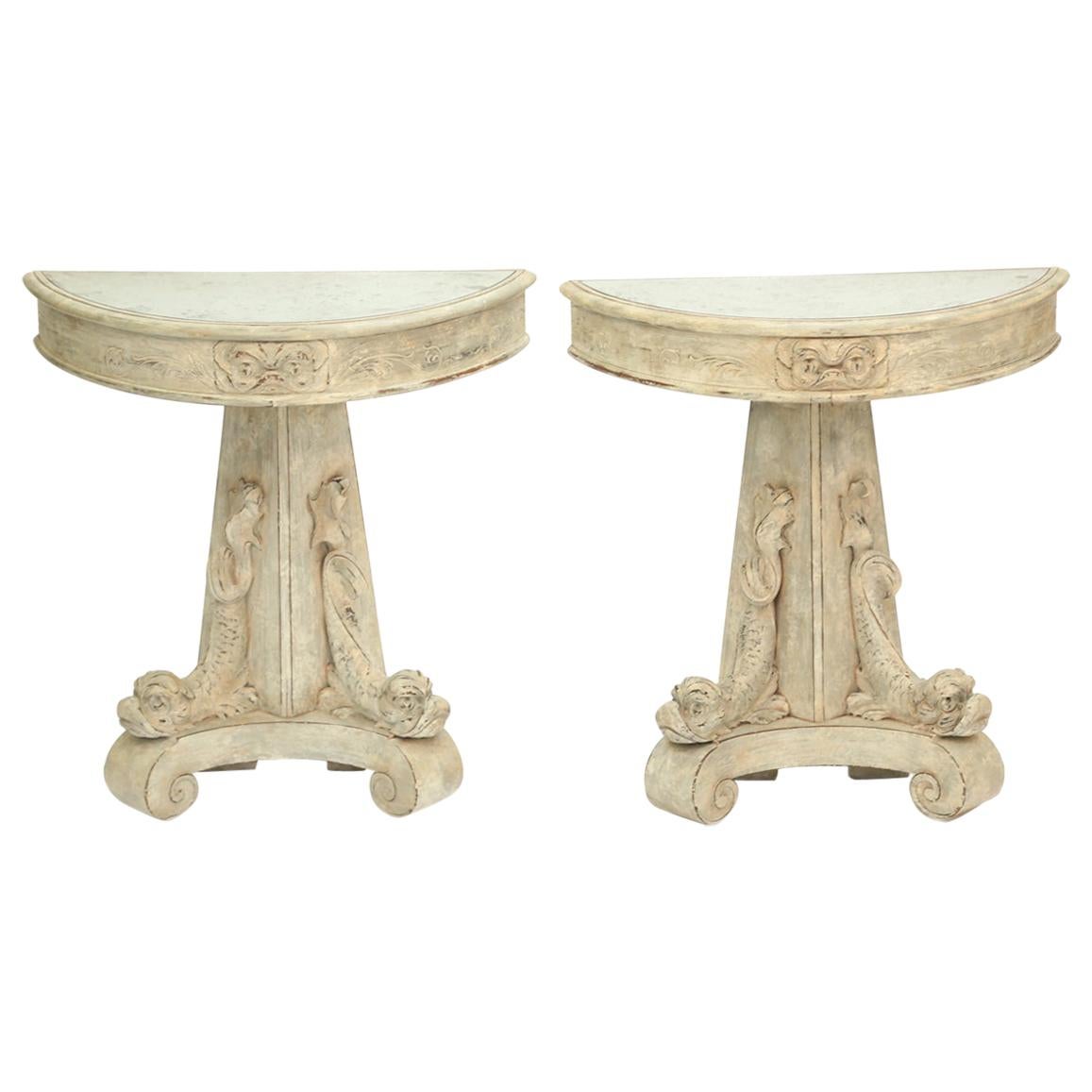 Pair of Painted Demilune Dolphin Consoles with Mirrored Tops