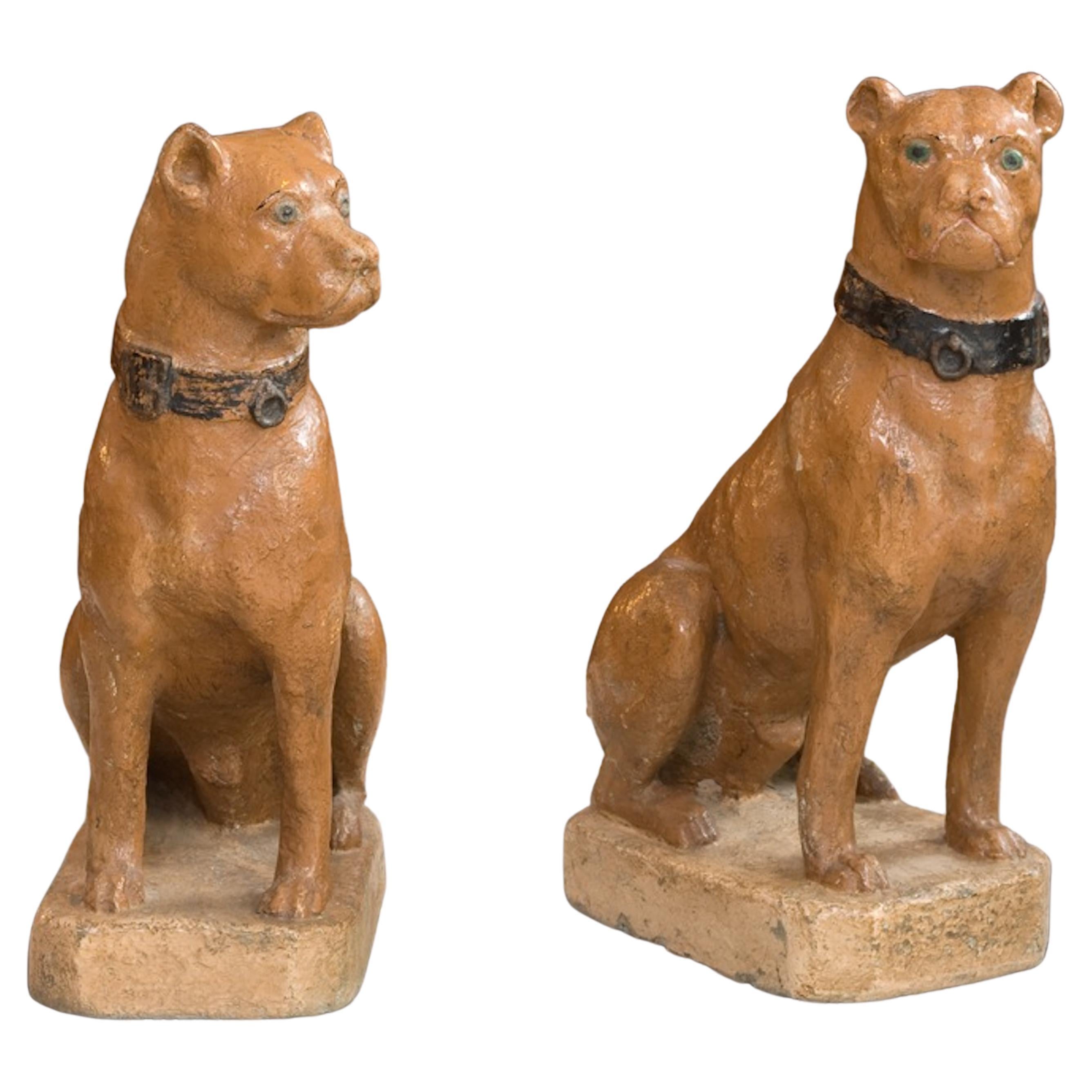 Pair of Painted Dogs Made in Reconstituted Stone, 19th Century
