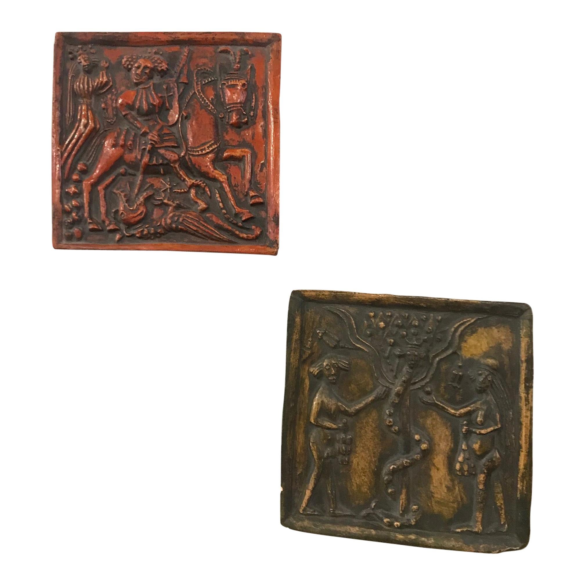 Pair of Painted Dutch Medieval Style Glazed Terracotta Reliefs Plaques For Sale