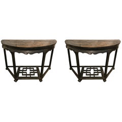 Pair of Painted Elm Demilune Consoles