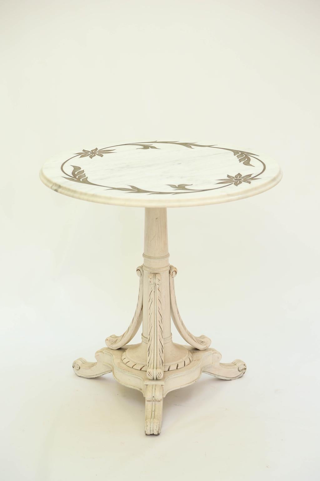 Pair of Painted End Tables with Bronze Inlay Marble Tops 1