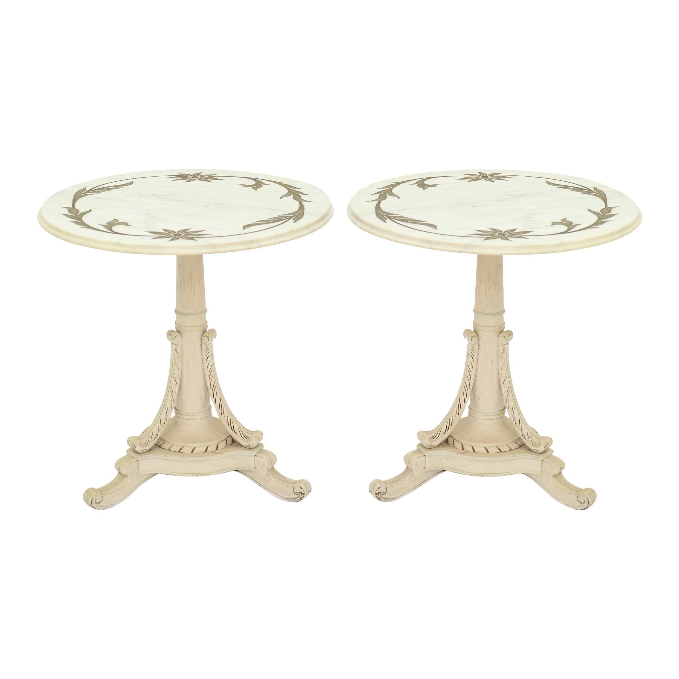 Pair of Painted End Tables with Bronze Inlay Marble Tops