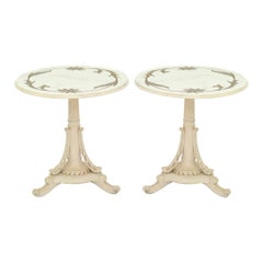 Pair of Painted End Tables with Bronze Inlay Marble Tops