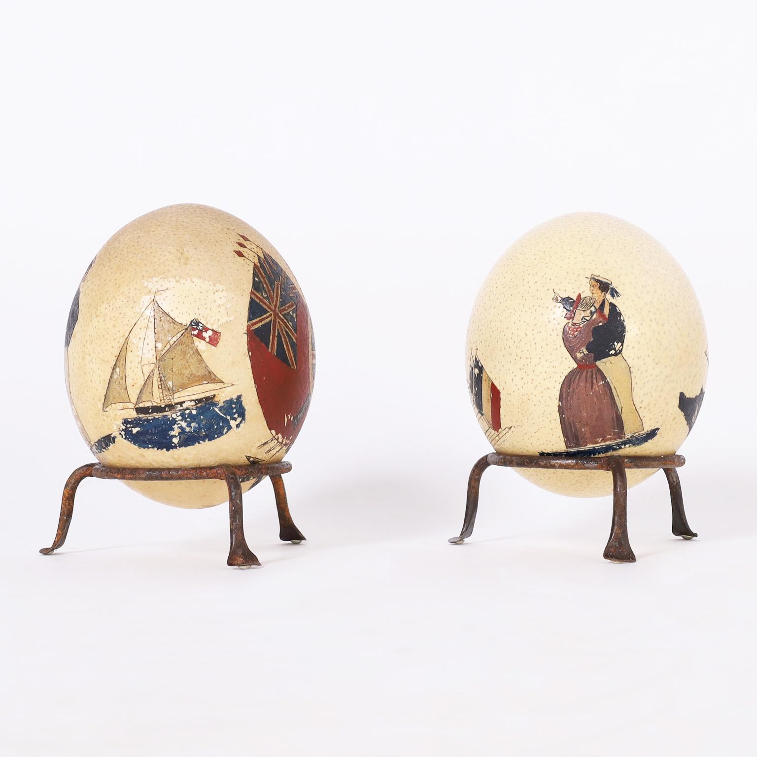 Victorian Pair of Painted English Commemorative Ostrich Eggs, Priced Individually