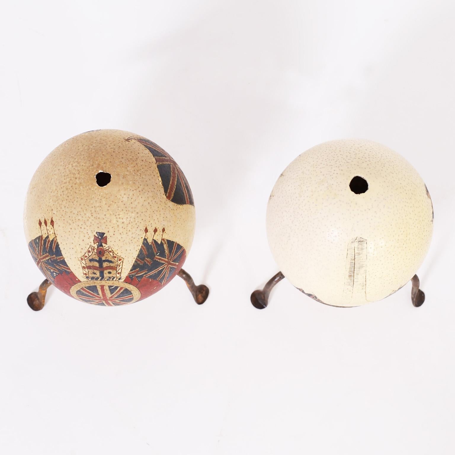 Etched Pair of Painted English Commemorative Ostrich Eggs, Priced Individually