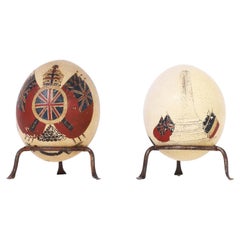 Pair of Painted English Commemorative Ostrich Eggs, Priced Individually